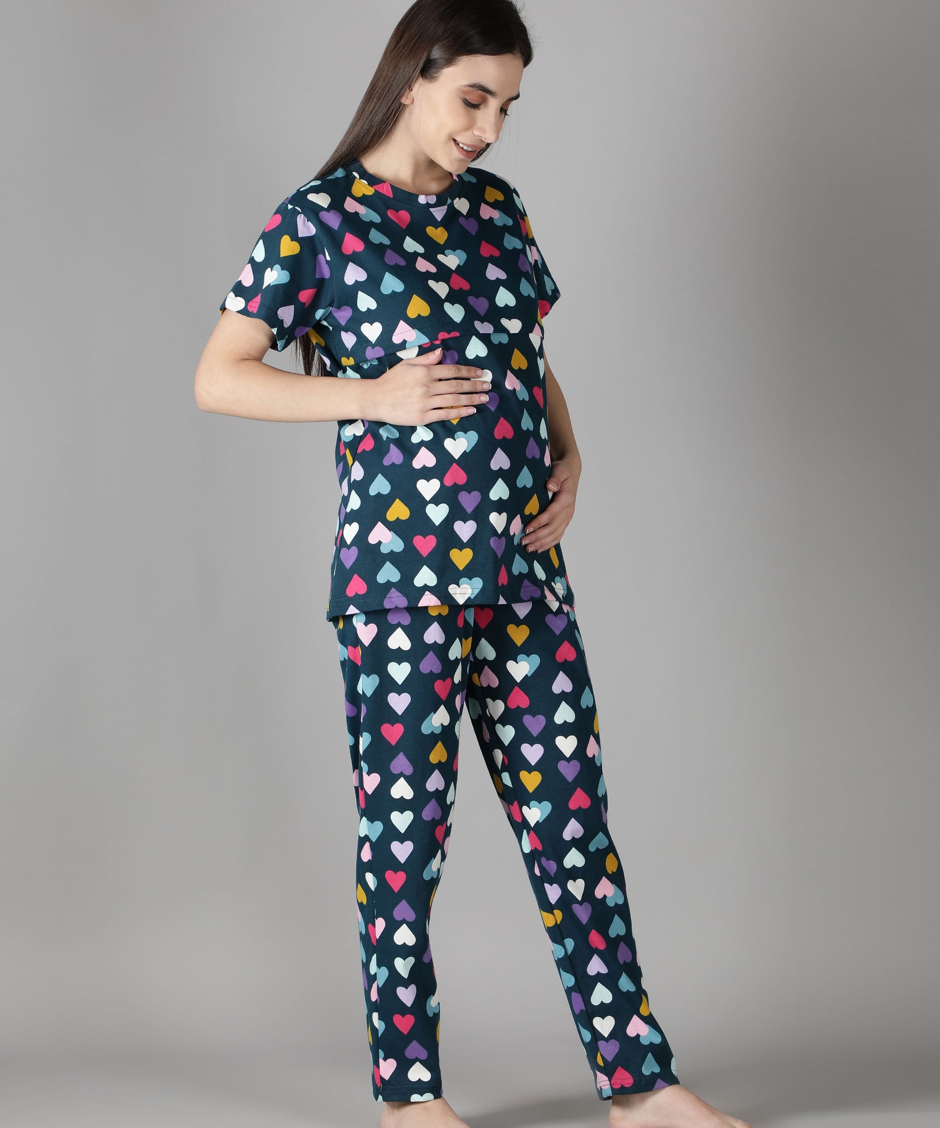 Women's Navy Multicolored Hearts Nursing PJ Set - Vibrant & Functional Maternity Sleepwear