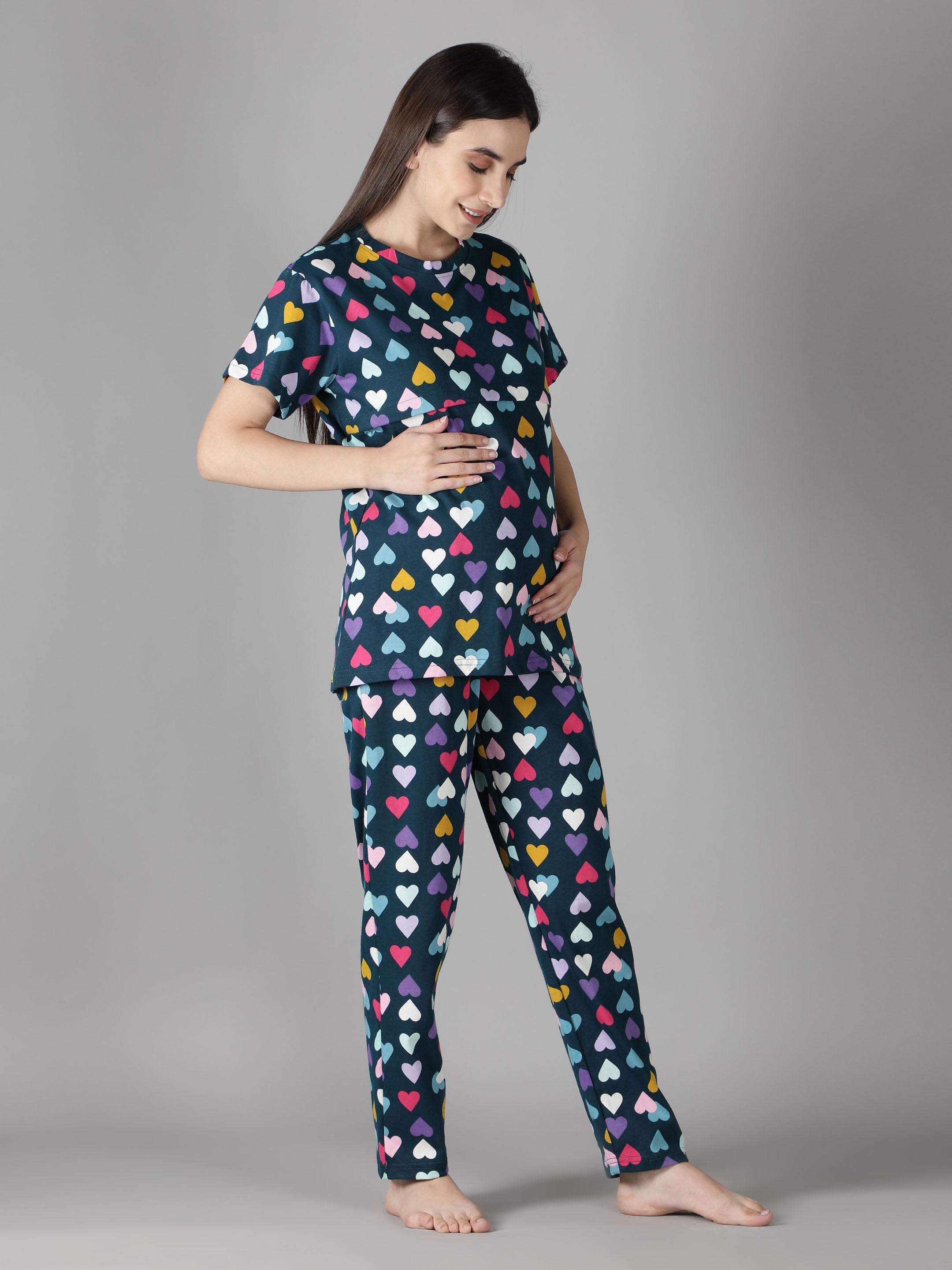 Women's Navy Multicolored Hearts Nursing PJ Set - Vibrant & Functional Maternity Sleepwear