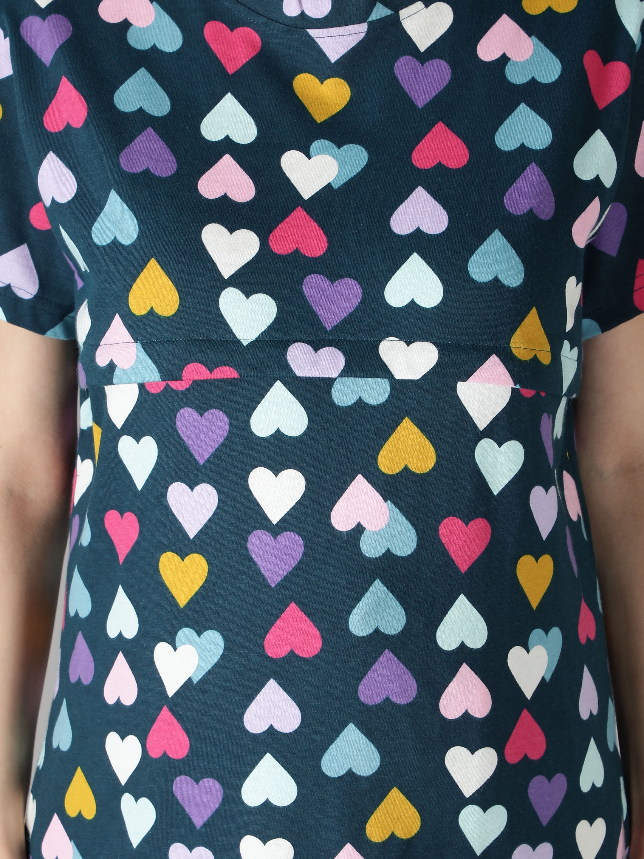 Women's Navy Multicolored Hearts Nursing PJ Set - Vibrant & Functional Maternity Sleepwear