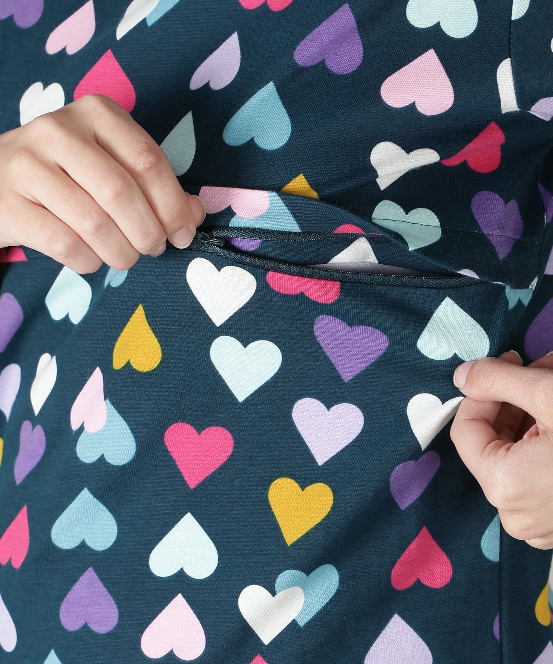 Women's Navy Multicolored Hearts Nursing PJ Set - Vibrant & Functional Maternity Sleepwear