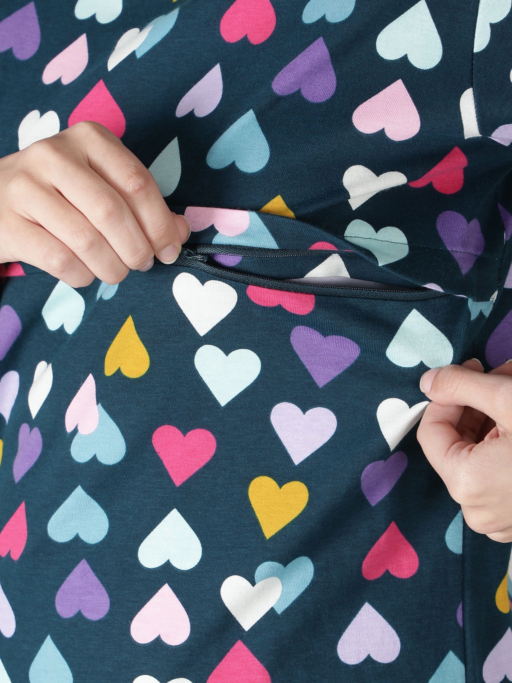 Women's Navy Multicolored Hearts Nursing PJ Set - Vibrant & Functional Maternity Sleepwear