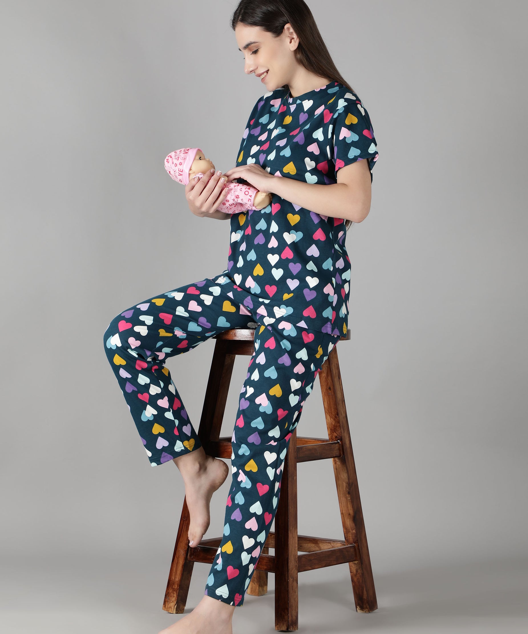 Women's Navy Multicolored Hearts Nursing PJ Set - Vibrant & Functional Maternity Sleepwear
