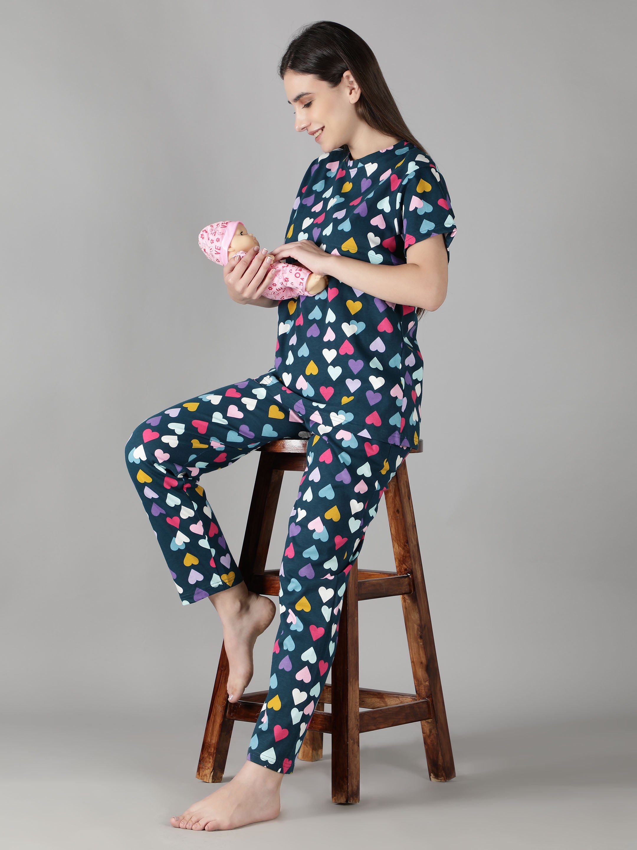 Women's Navy Multicolored Hearts Nursing PJ Set - Vibrant & Functional Maternity Sleepwear