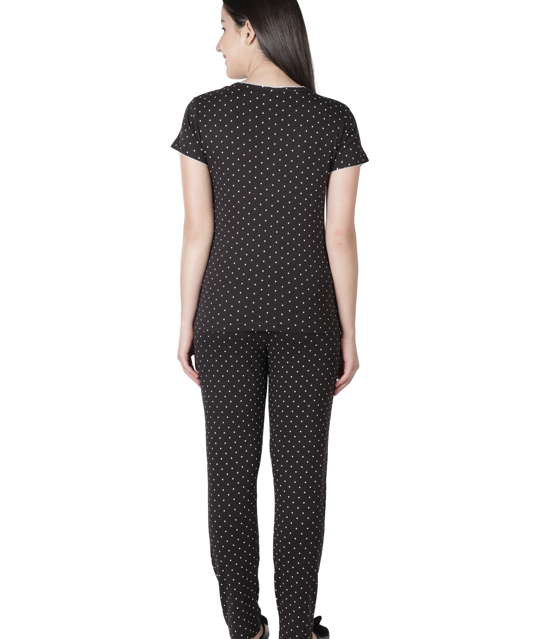 Women's Black Polka Dot Round Neck Pyjama Set - Timeless Elegance in Nightwear