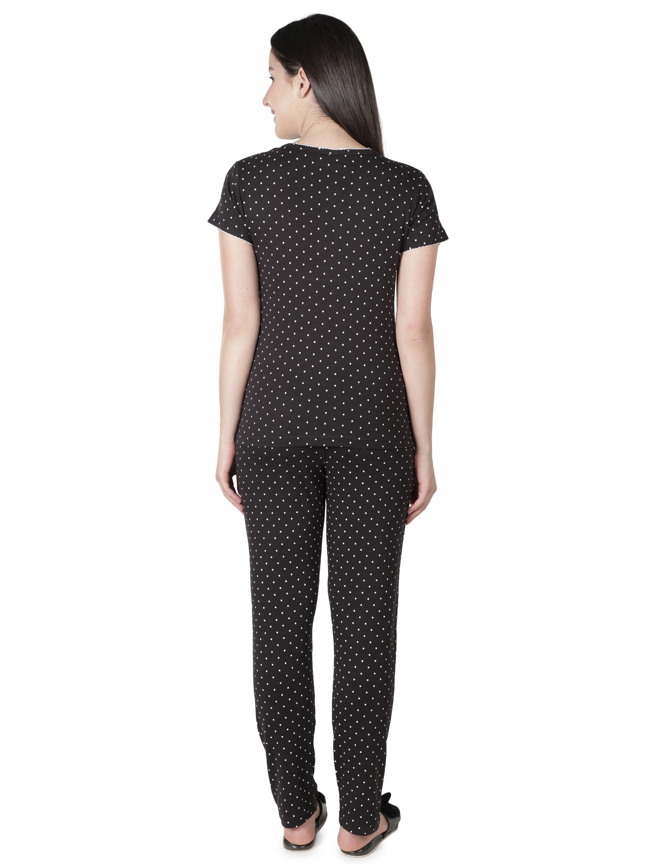 Women's Black Polka Dot Round Neck Pyjama Set - Timeless Elegance in Nightwear
