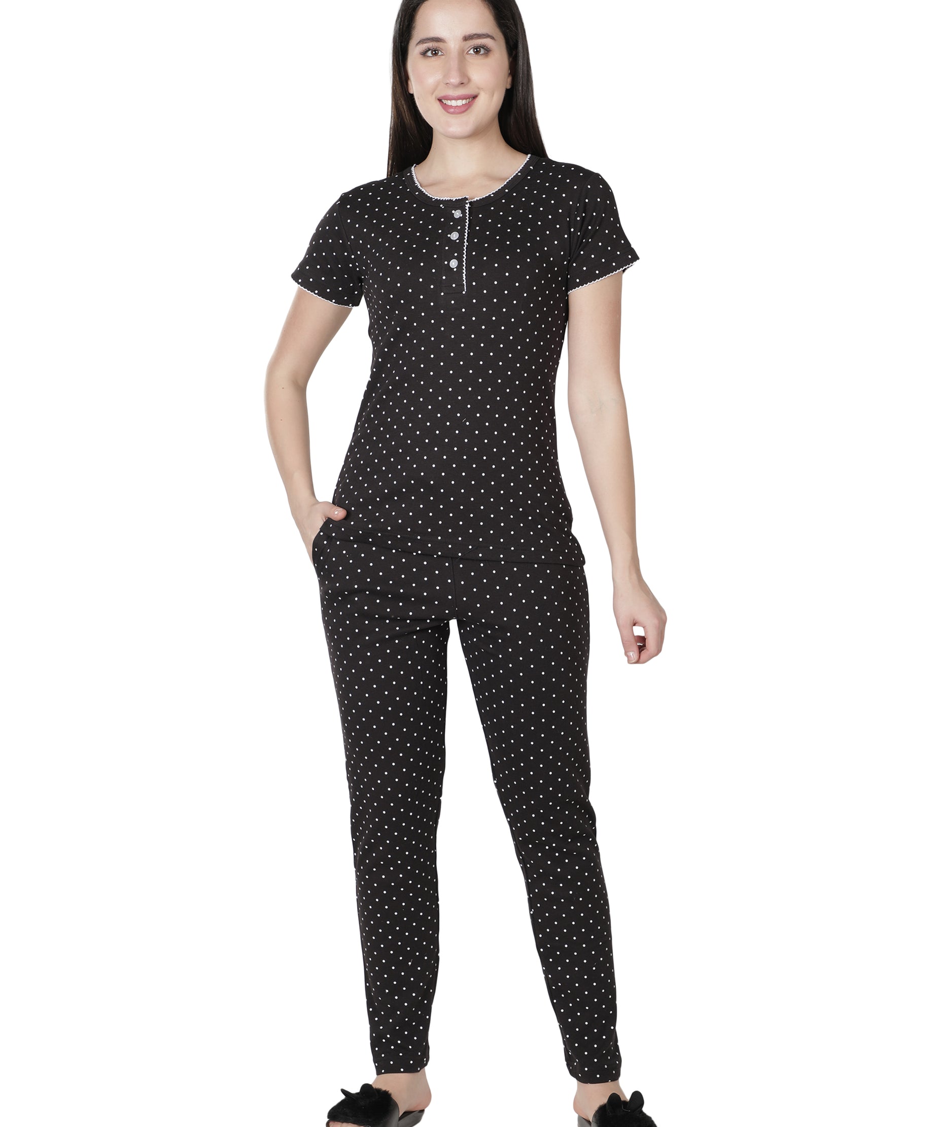 Women's Black Polka Dot Round Neck Pyjama Set - Timeless Elegance in Nightwear