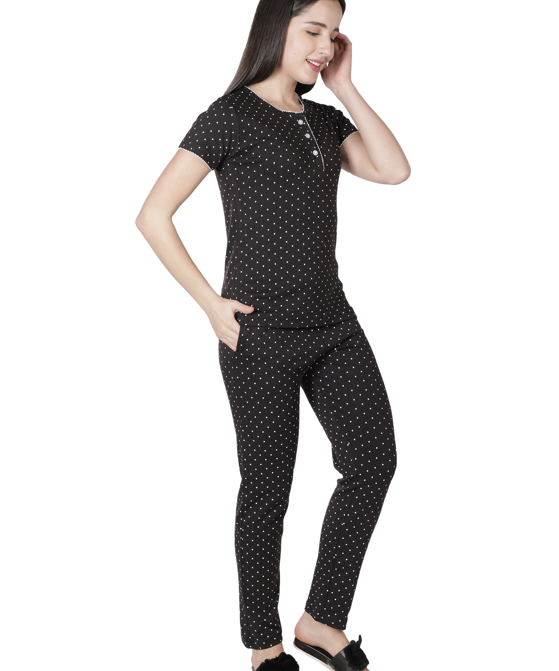 Women's Black Polka Dot Round Neck Pyjama Set - Timeless Elegance in Nightwear