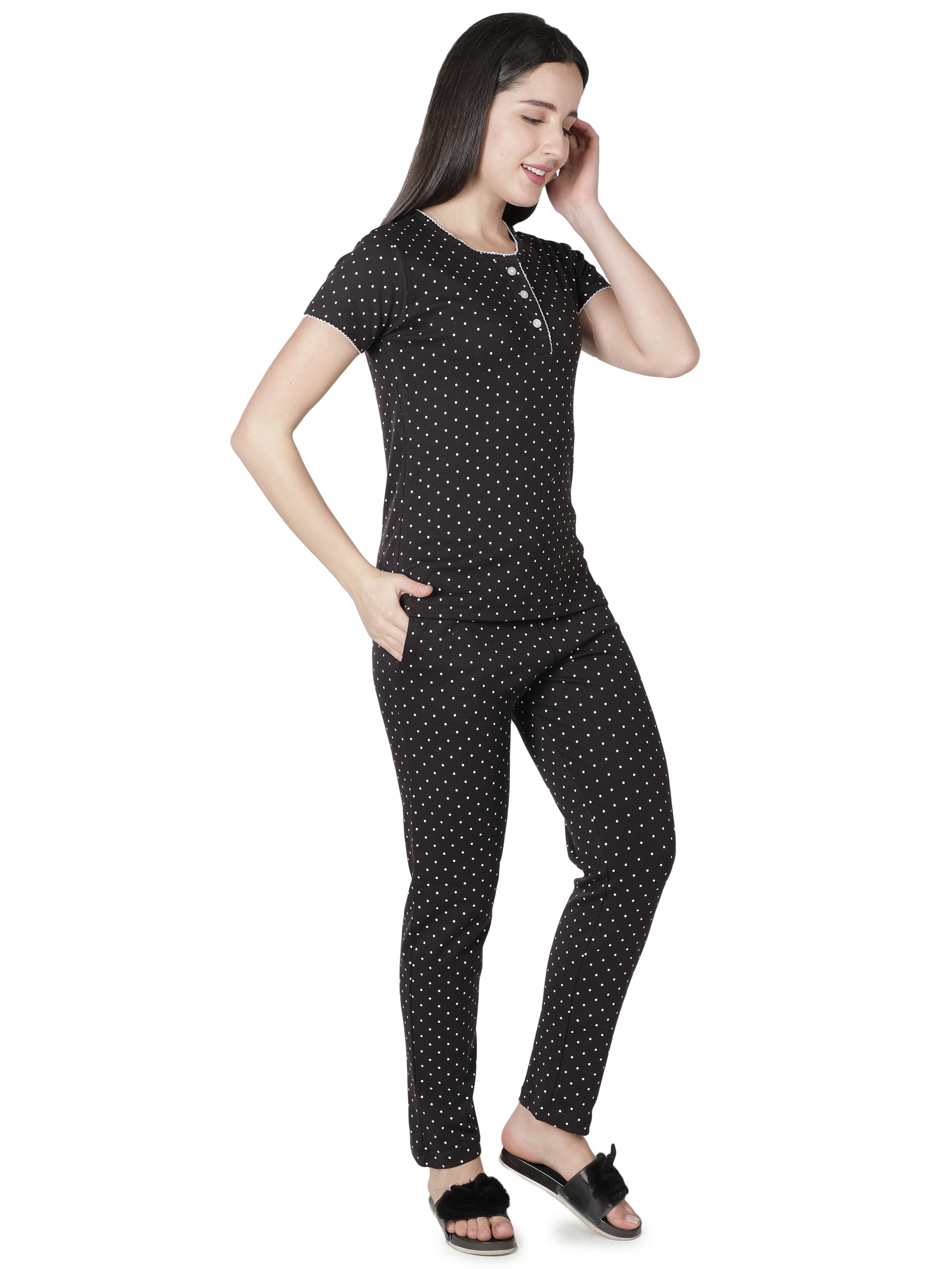 Women's Black Polka Dot Round Neck Pyjama Set - Timeless Elegance in Nightwear