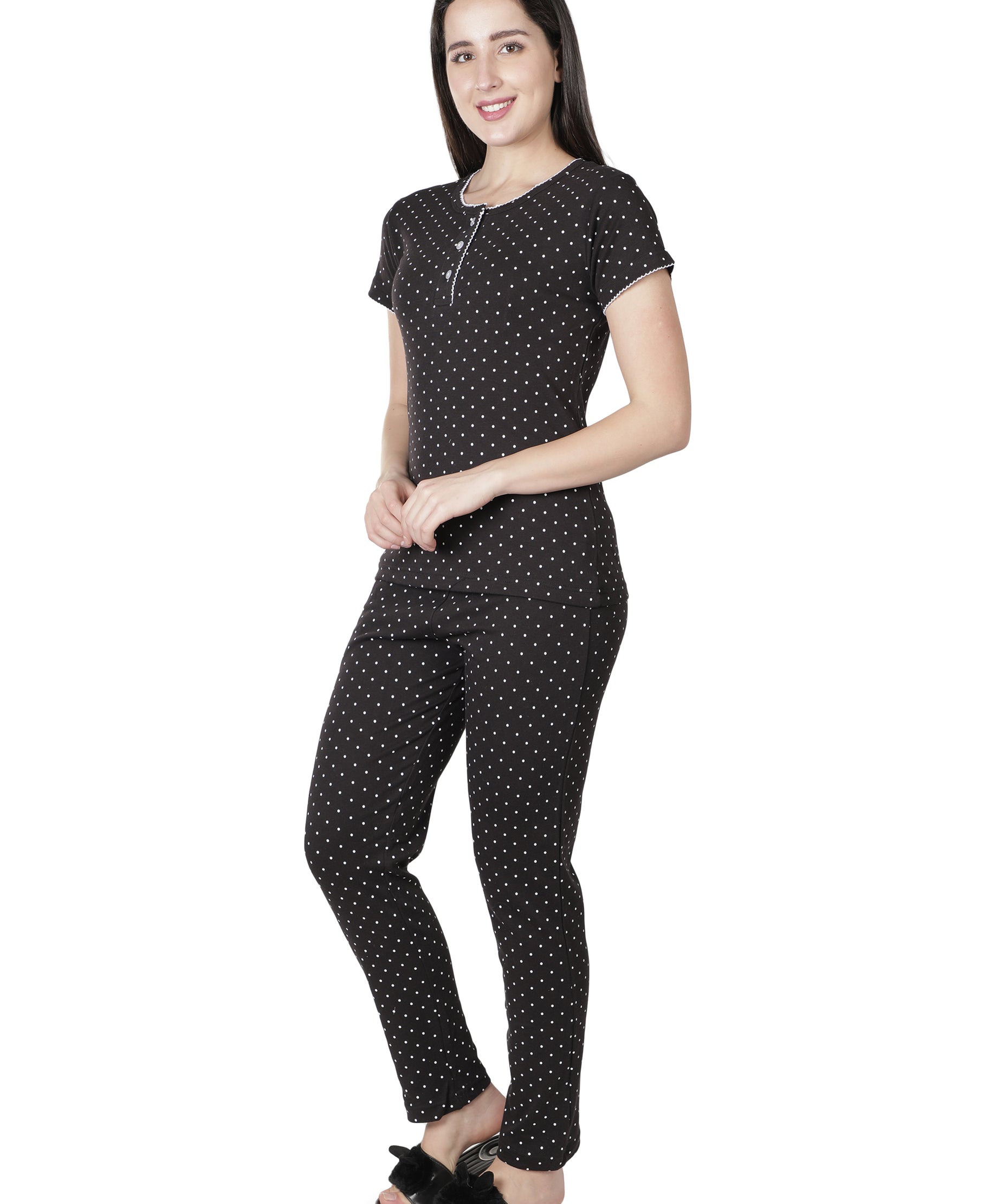 Women's Black Polka Dot Round Neck Pyjama Set - Timeless Elegance in Nightwear