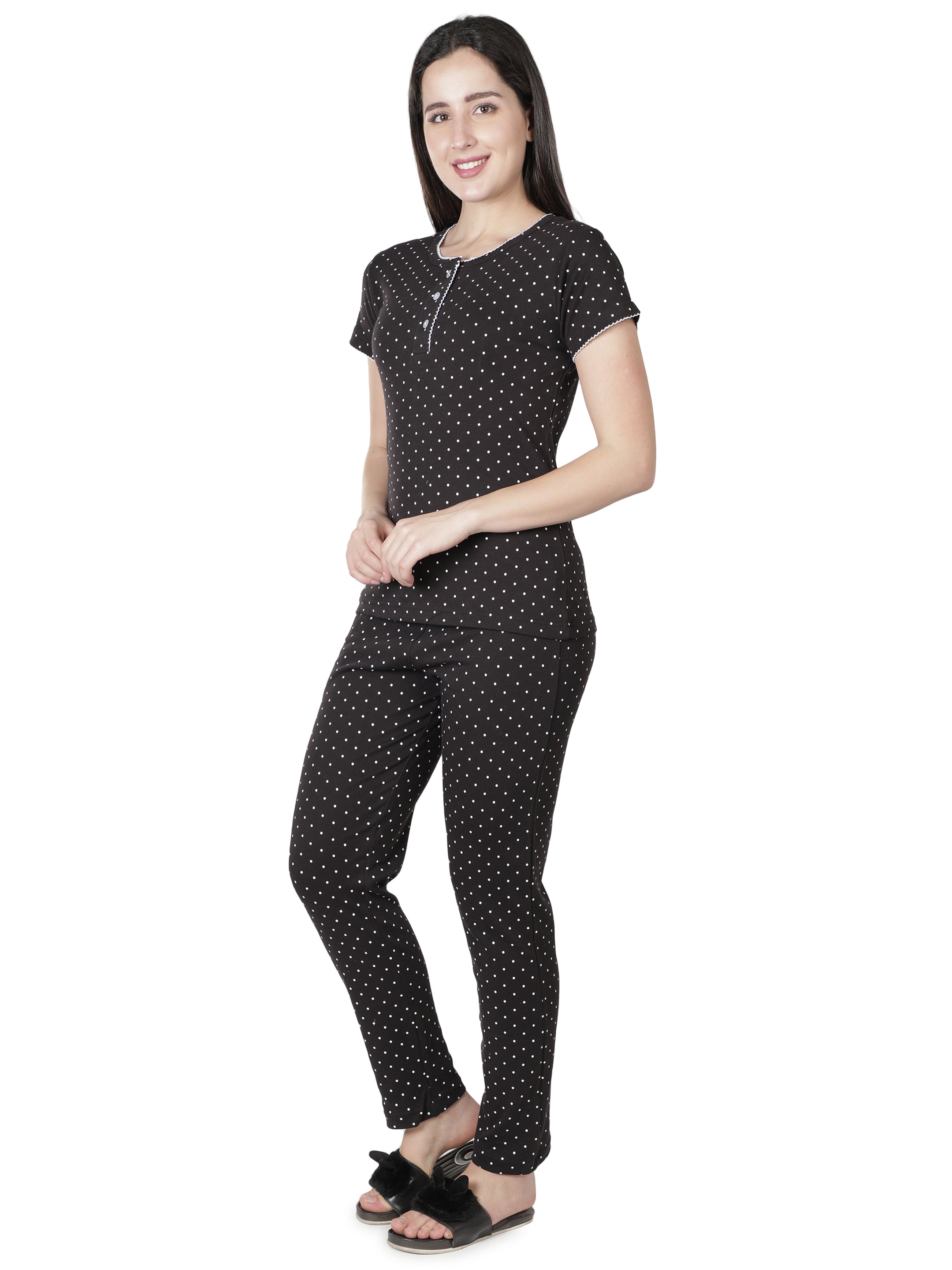 Women's Black Polka Dot Round Neck Pyjama Set - Timeless Elegance in Nightwear