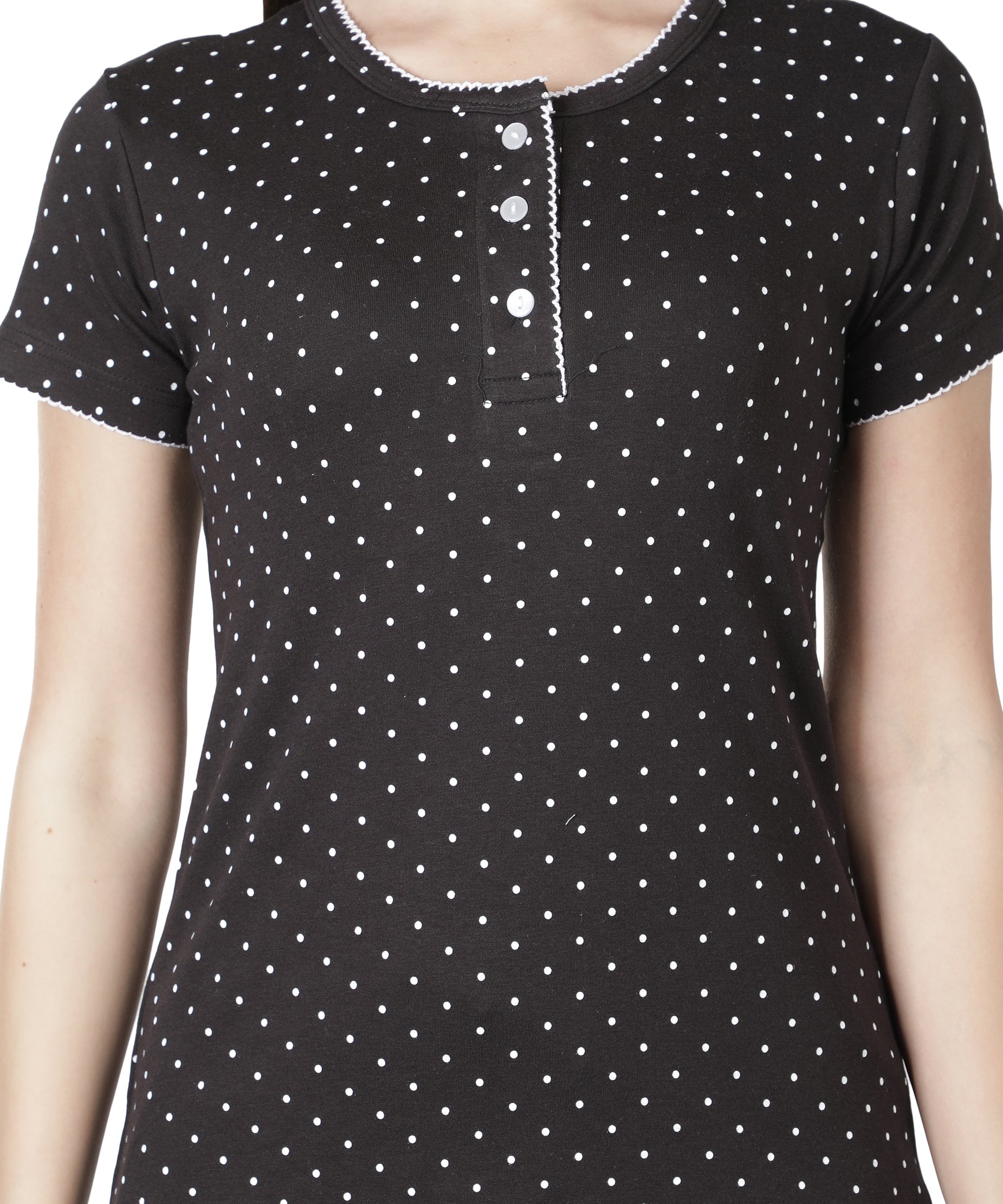 Women's Black Polka Dot Round Neck Pyjama Set - Timeless Elegance in Nightwear