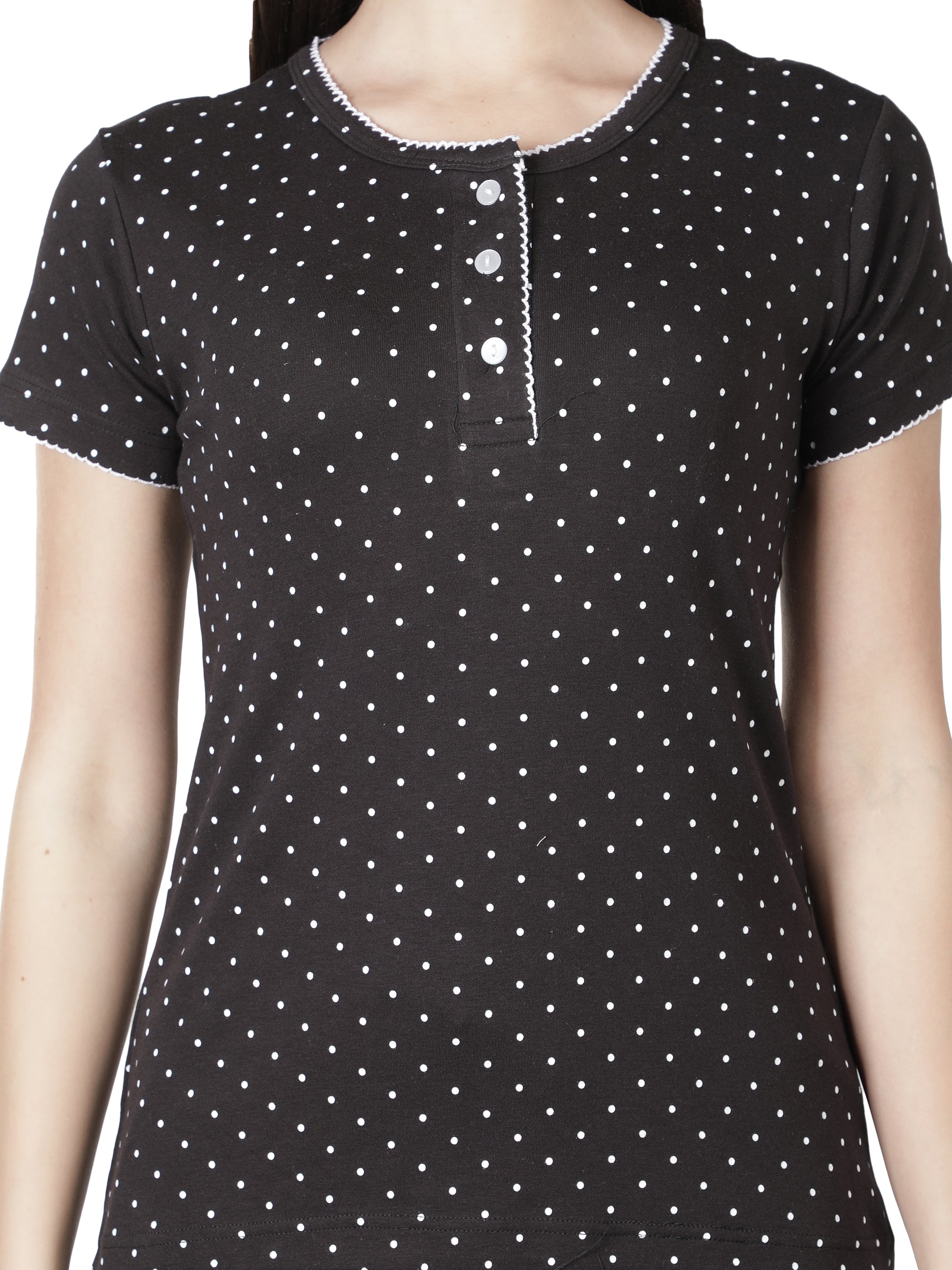 Women's Black Polka Dot Round Neck Pyjama Set - Timeless Elegance in Nightwear