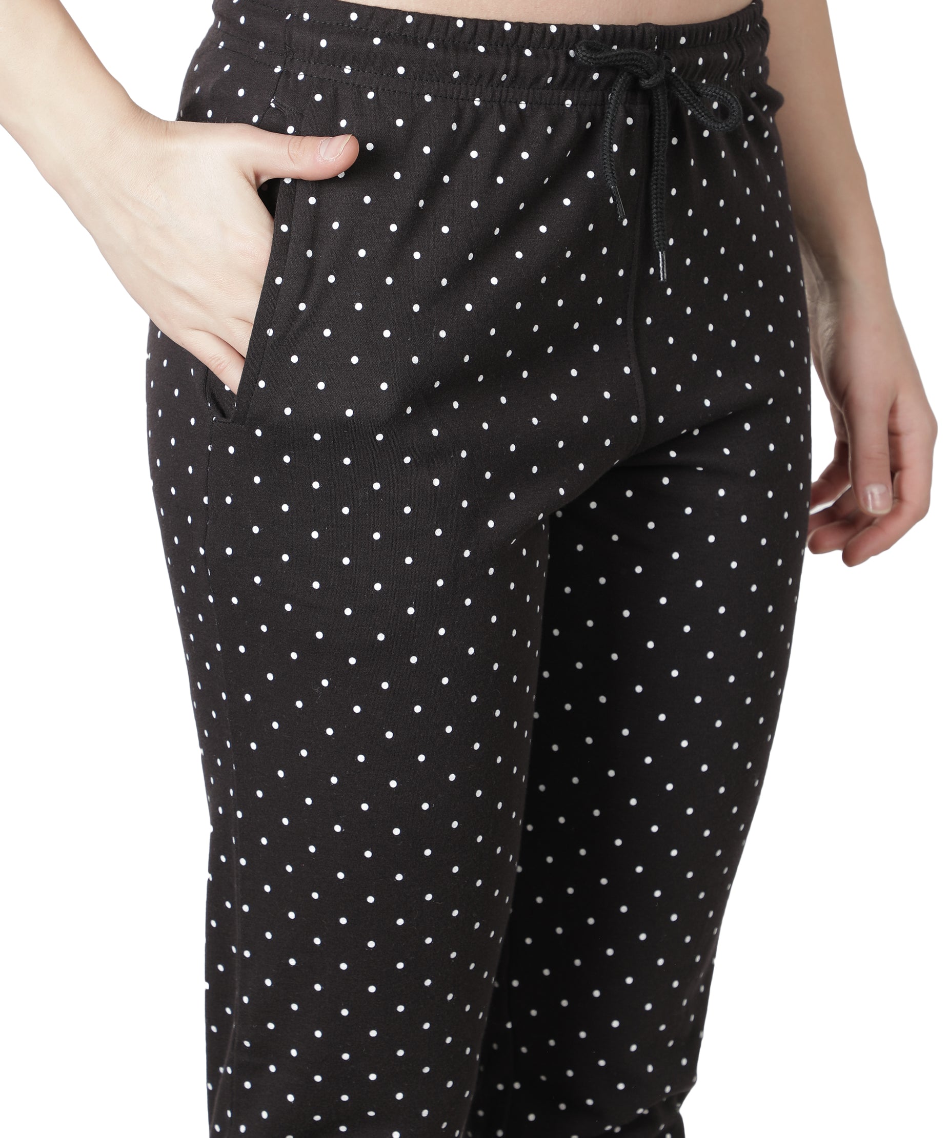 Women's Black Polka Dot Round Neck Pyjama Set - Timeless Elegance in Nightwear