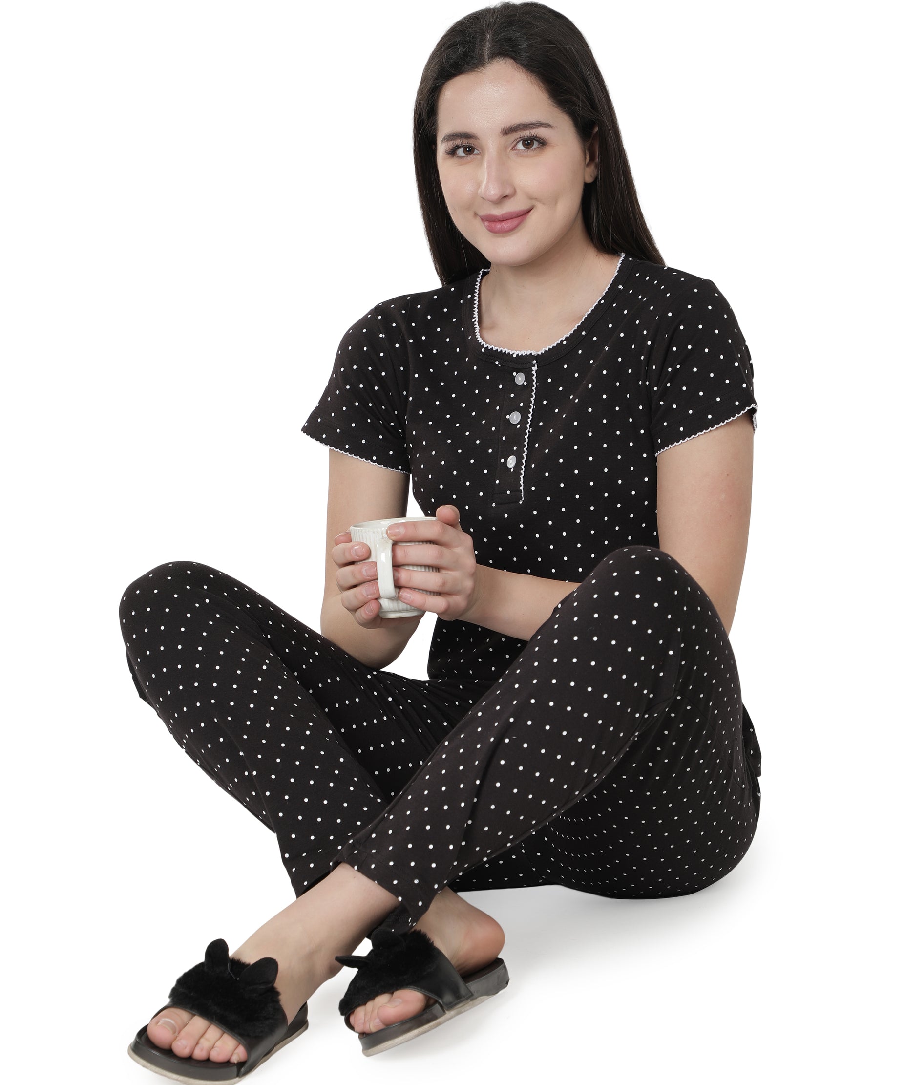 Women's Black Polka Dot Round Neck Pyjama Set - Timeless Elegance in Nightwear