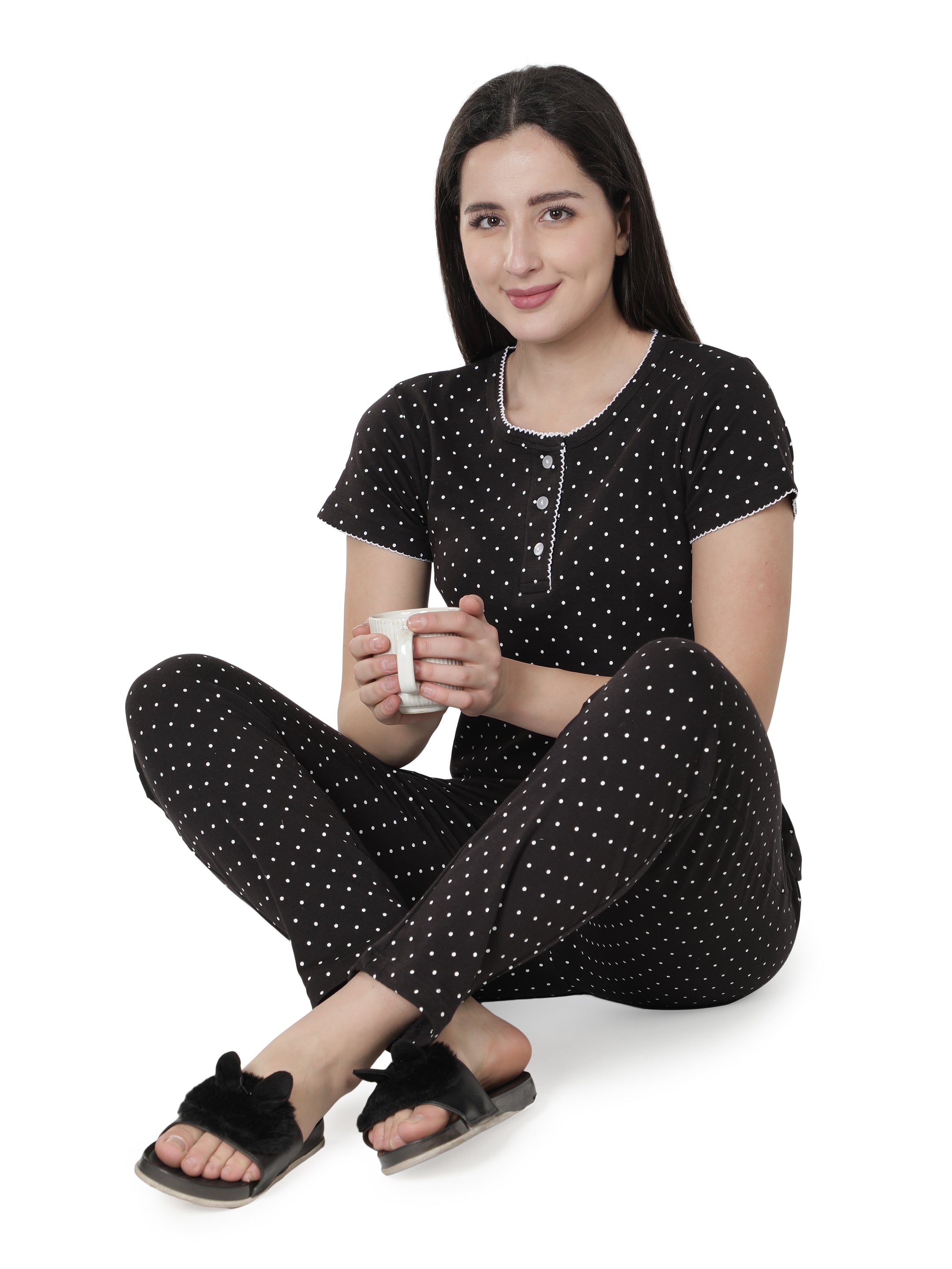 Women's Black Polka Dot Round Neck Pyjama Set - Timeless Elegance in Nightwear