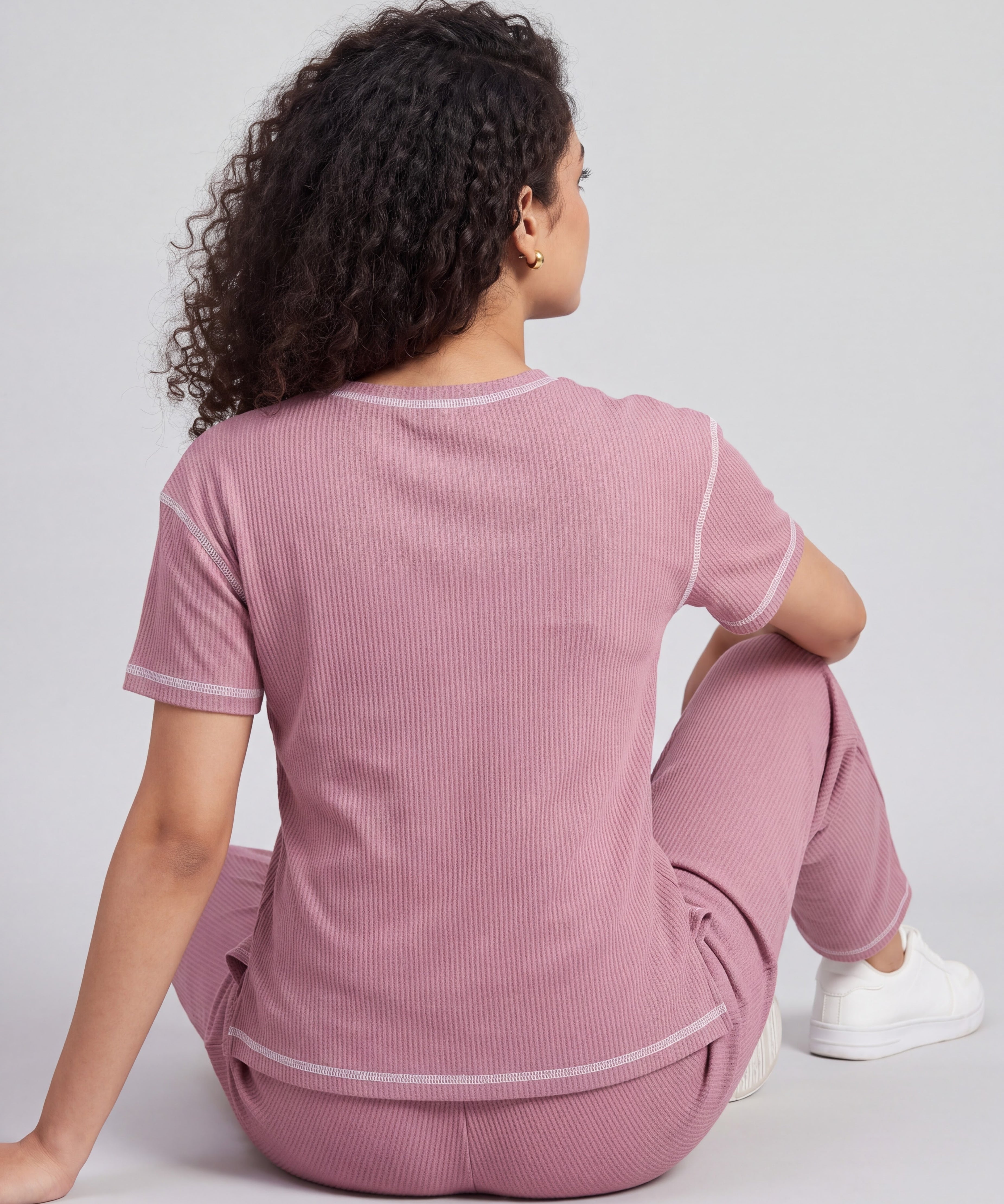 Rose Pink Drop Shoulder Textured Loungewear Set