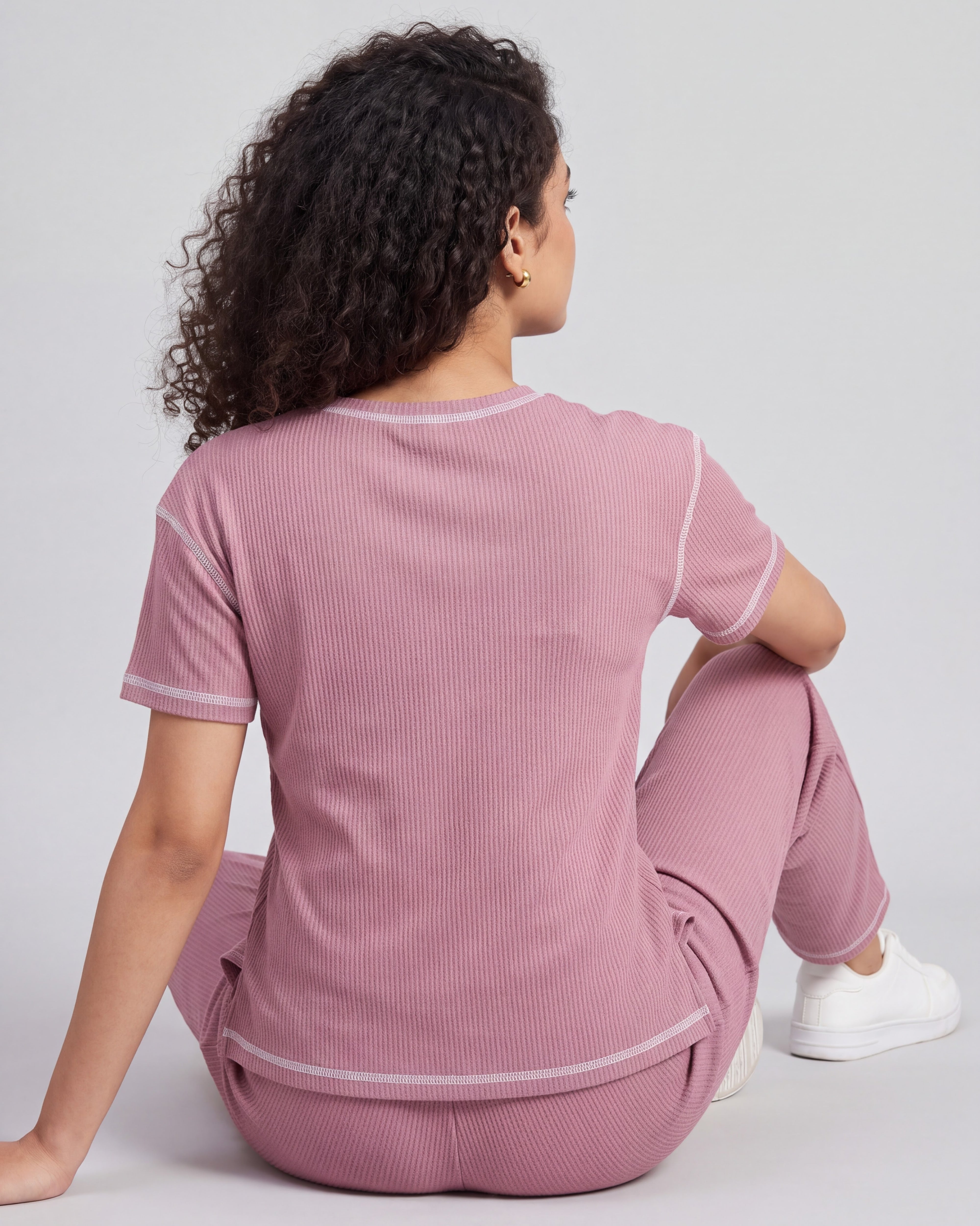 Rose Pink Drop Shoulder Textured Loungewear Set
