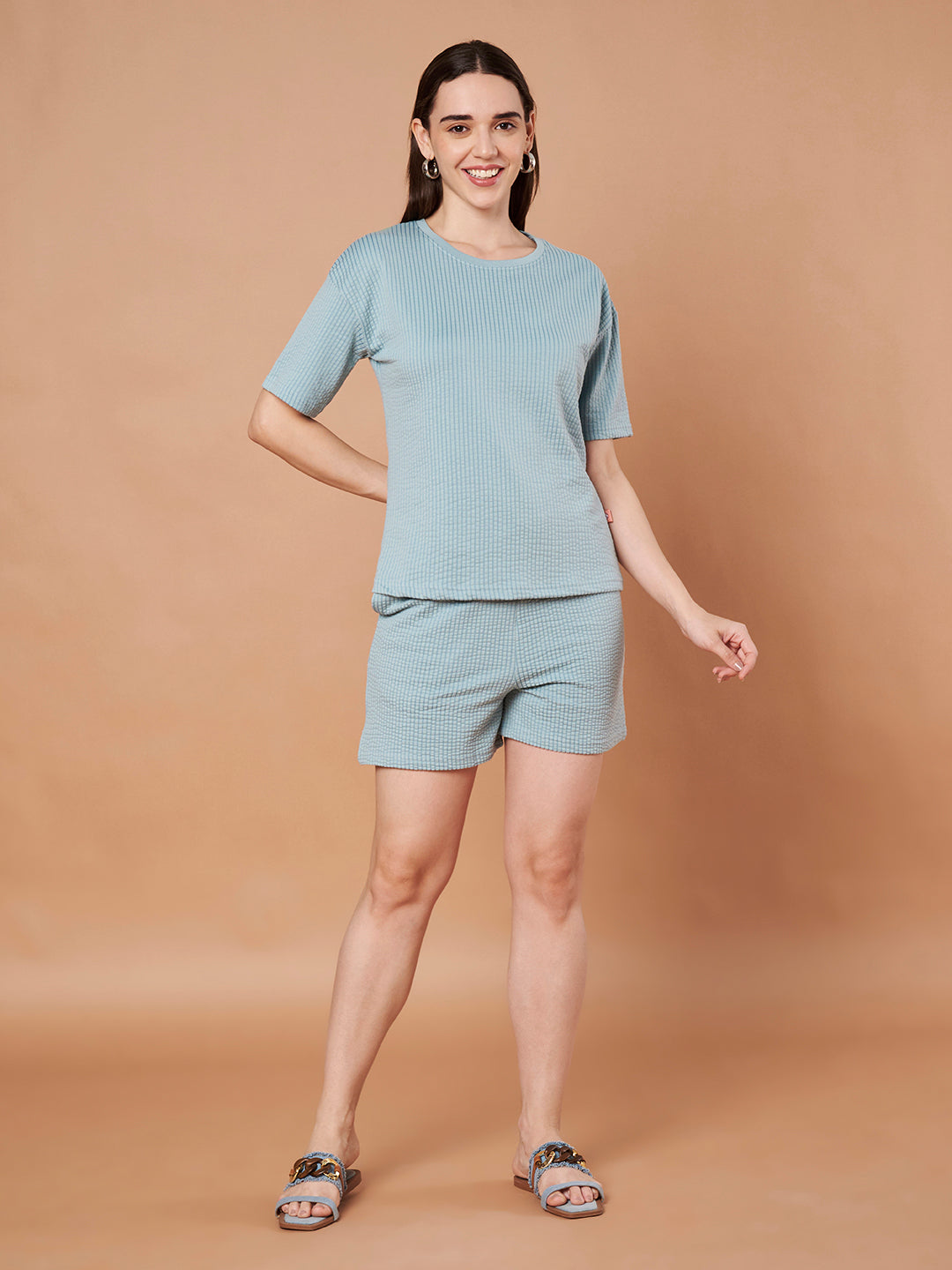 Women’s Blue Waffle Knit Co-ord Lounge Set