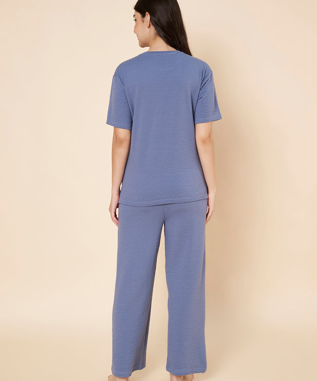 Women’s Blue Cotton Loungewear Set – Drop Shoulder Top & Full-Length Pants