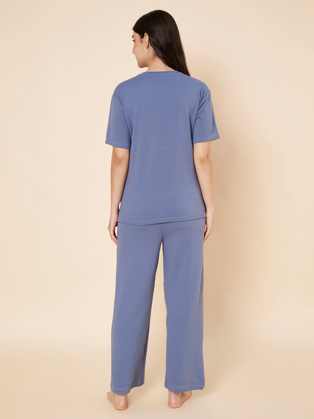 Women’s Blue Cotton Loungewear Set – Drop Shoulder Top & Full-Length Pants