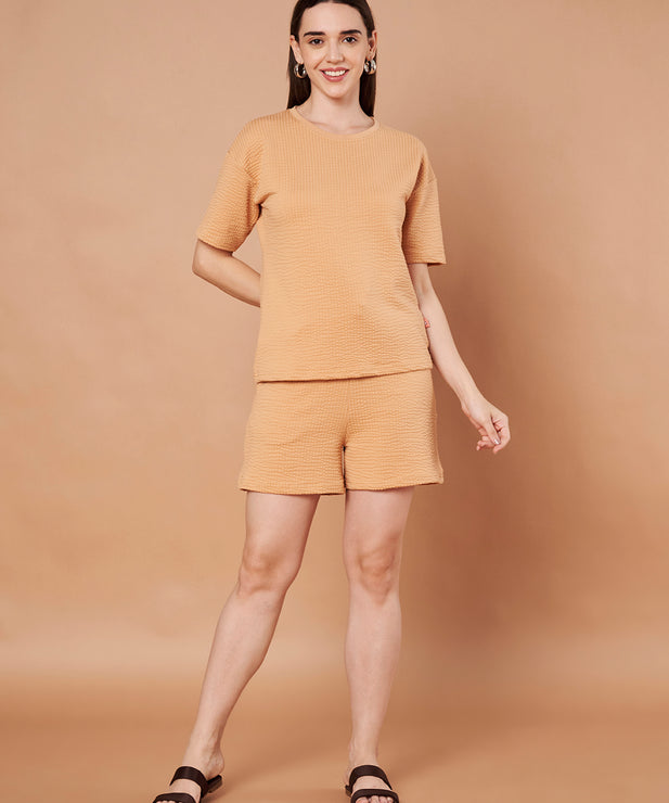 Women’s Waffle Knit Co-ord Lounge Set – Peach Beige