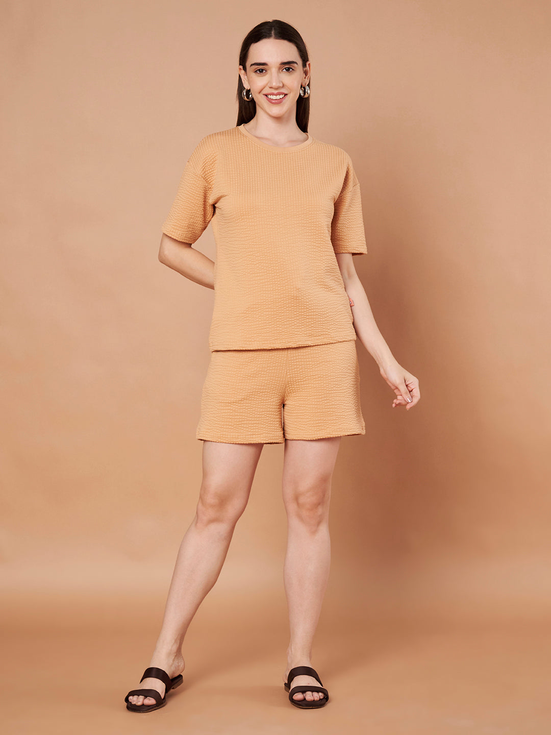 Women’s Waffle Knit Co-ord Lounge Set – Peach Beige