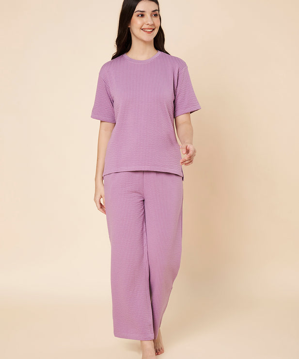 Women’s Lavender Ribbed Cotton Loungewear Set – Drop Shoulder Top & Full-Length Pants
