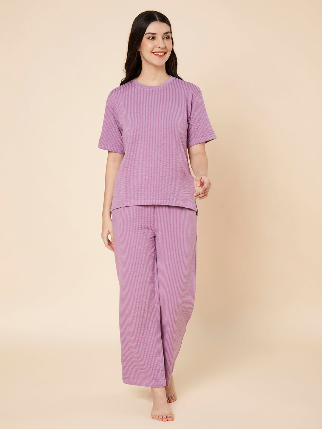 Women’s Lavender Ribbed Cotton Loungewear Set – Drop Shoulder Top & Full-Length Pants