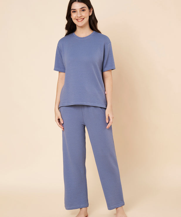 Women’s Blue Cotton Loungewear Set – Drop Shoulder Top & Full-Length Pants