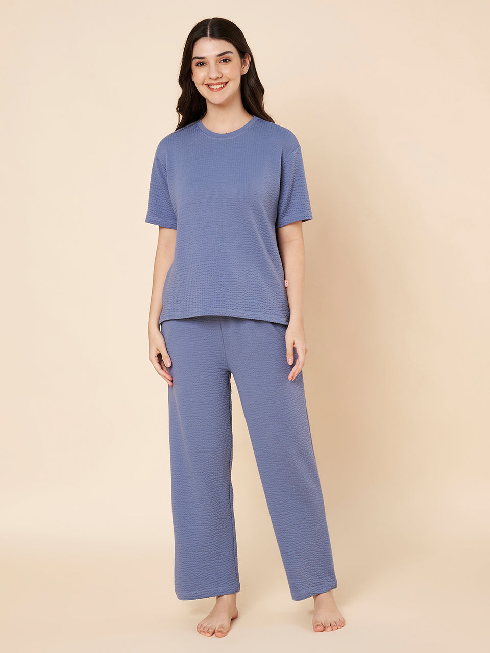 Women’s Blue Cotton Loungewear Set – Drop Shoulder Top & Full-Length Pants