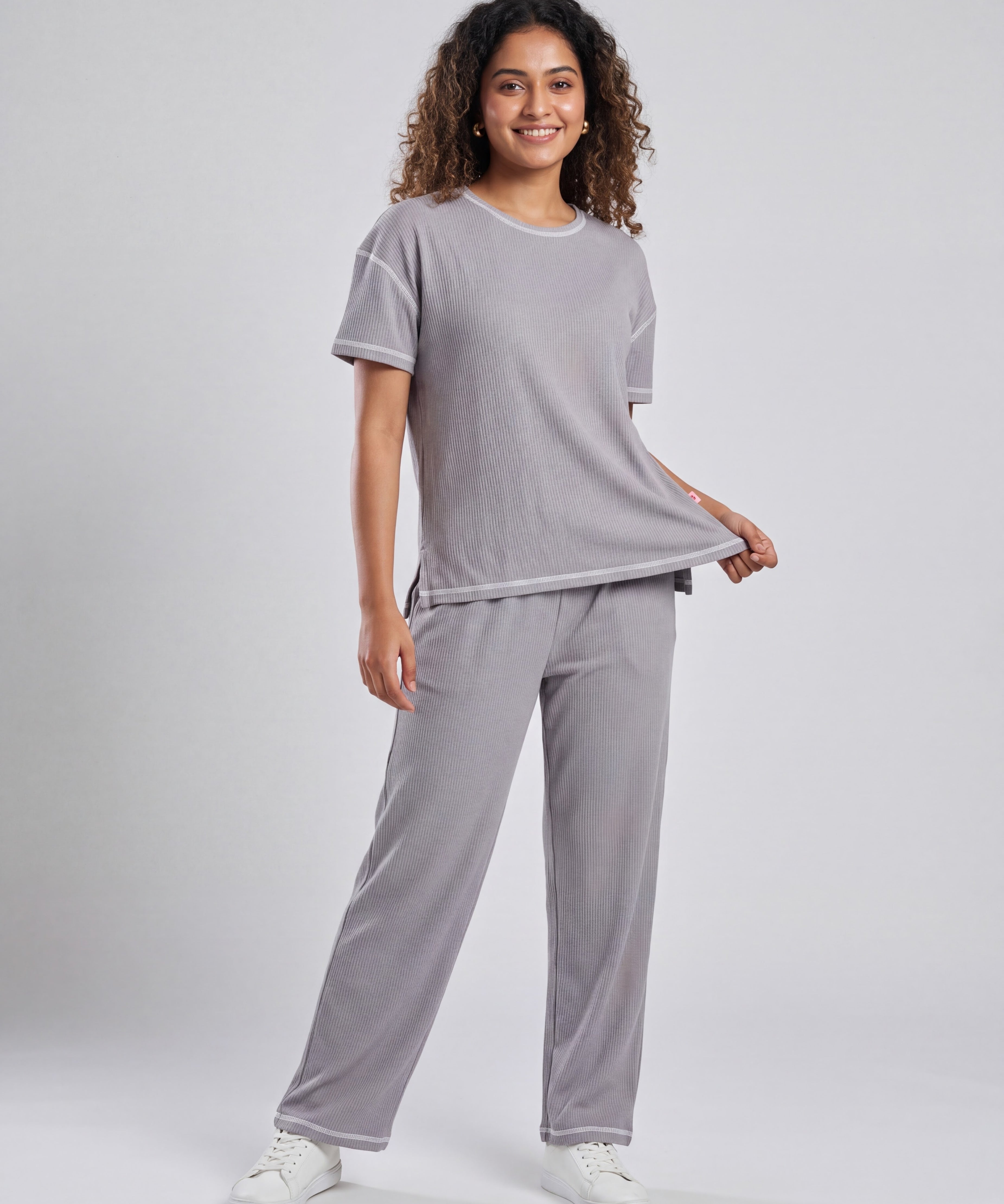 Grey Drop Shoulder Textured Loungewear Set