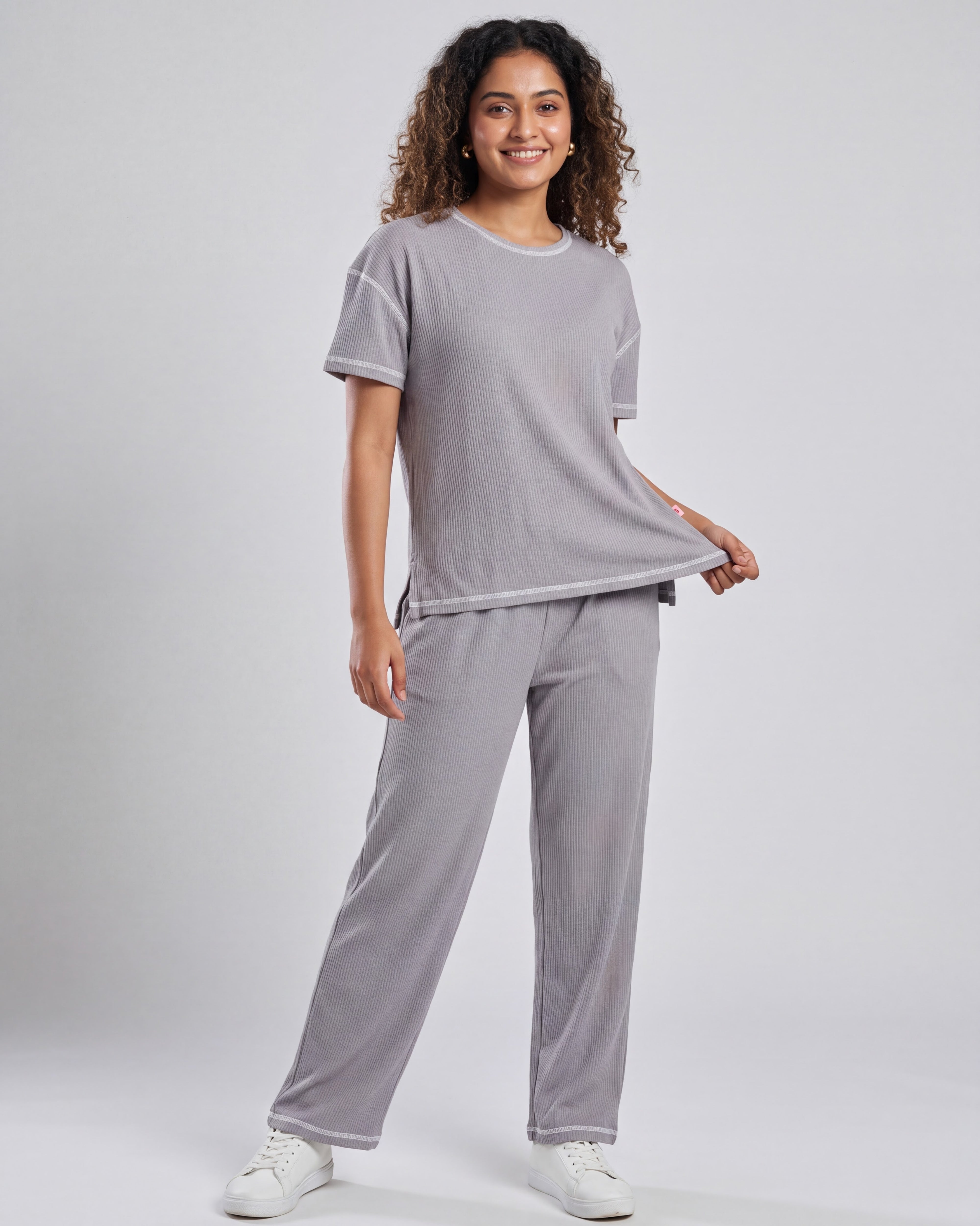 Grey Drop Shoulder Textured Loungewear Set