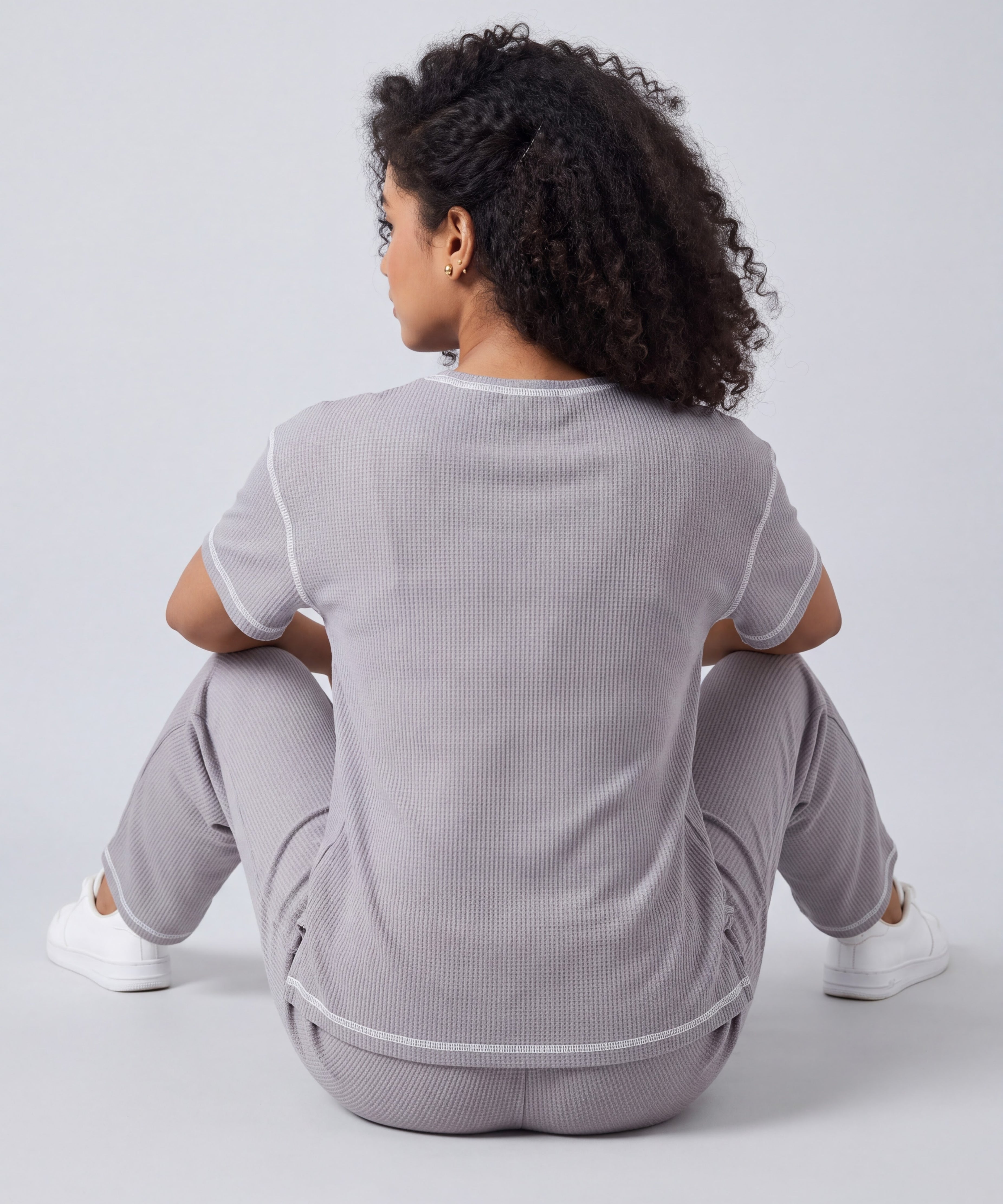 Grey Drop Shoulder Textured Loungewear Set