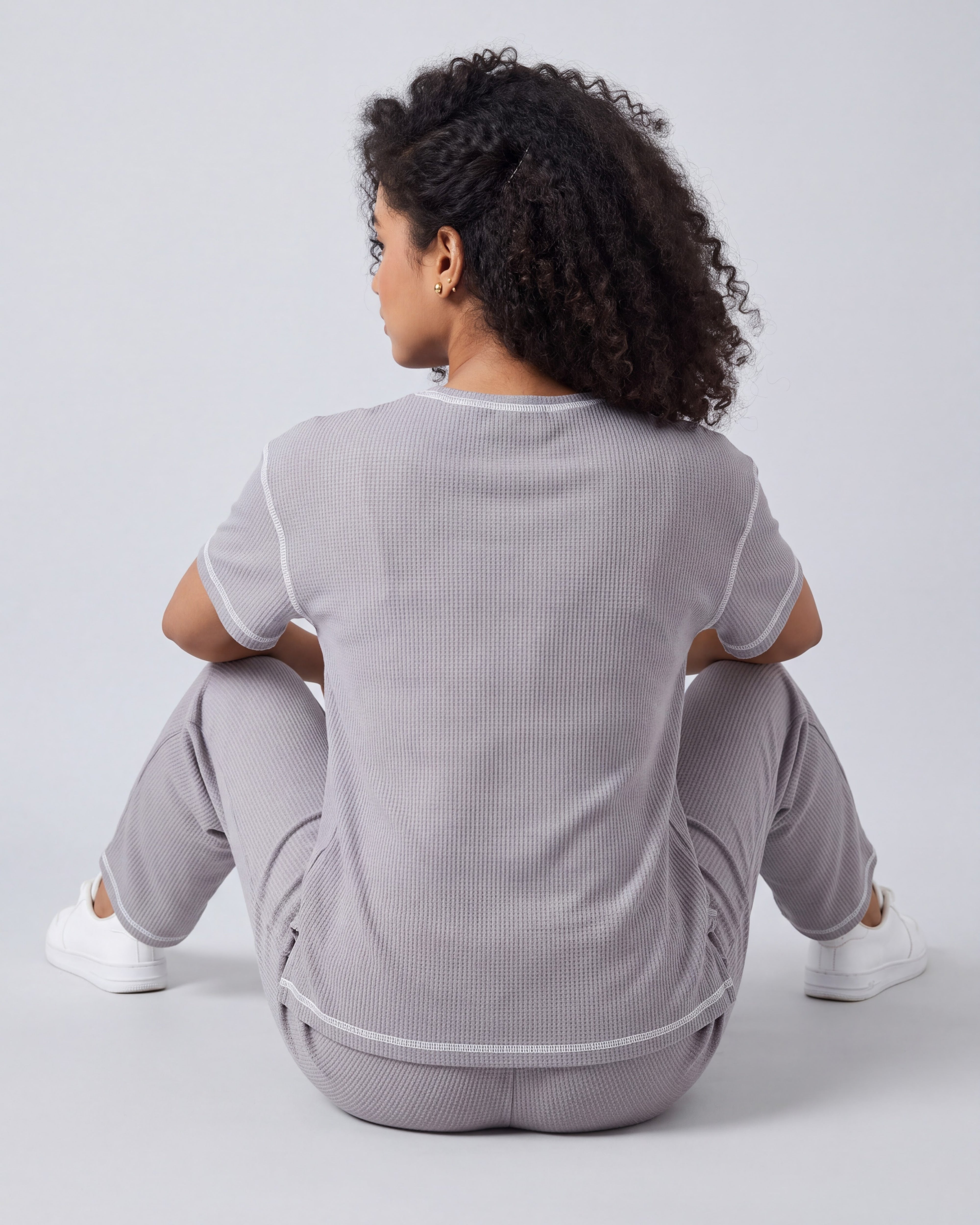 Grey Drop Shoulder Textured Loungewear Set