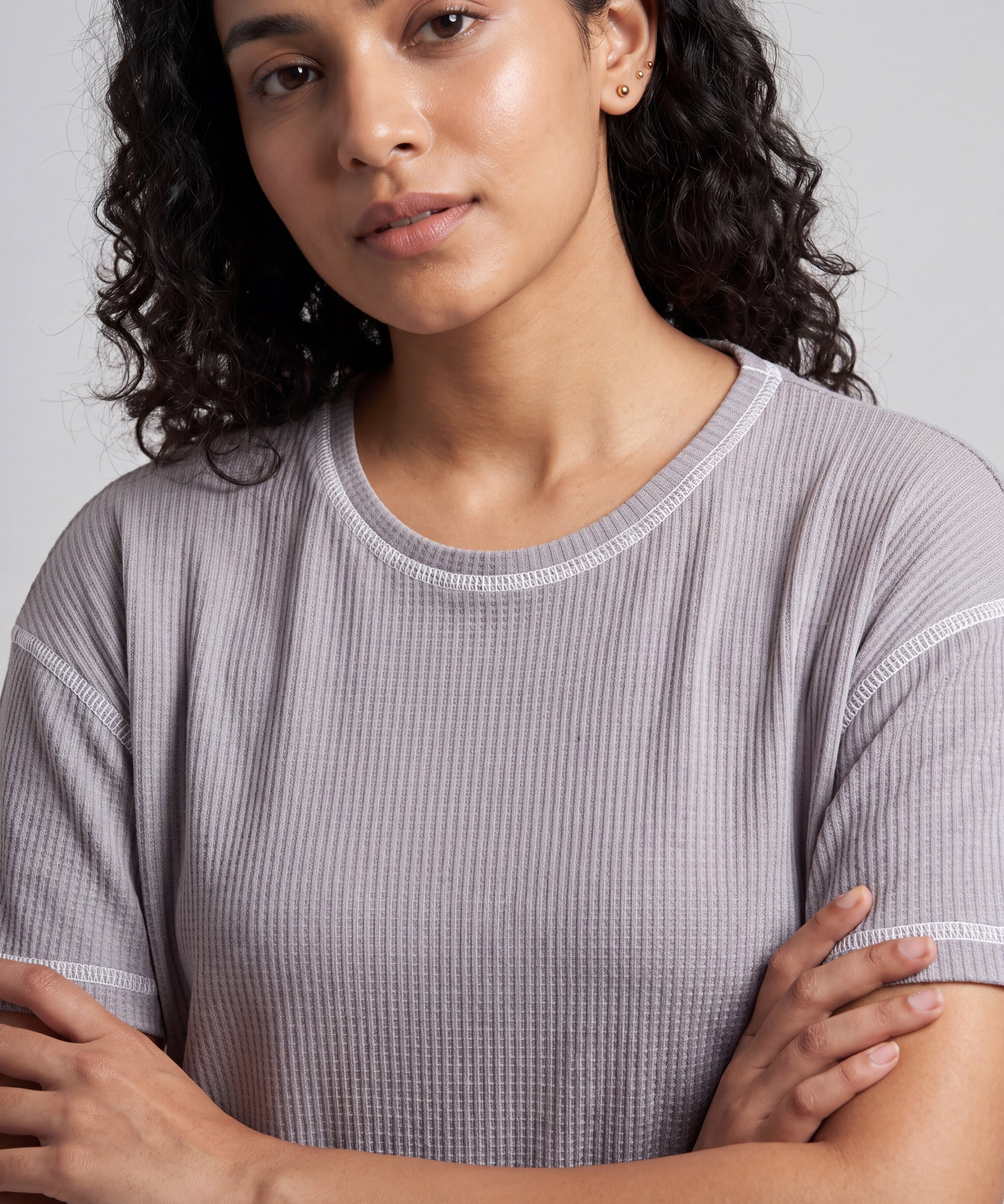 Grey Drop Shoulder Textured Loungewear Set