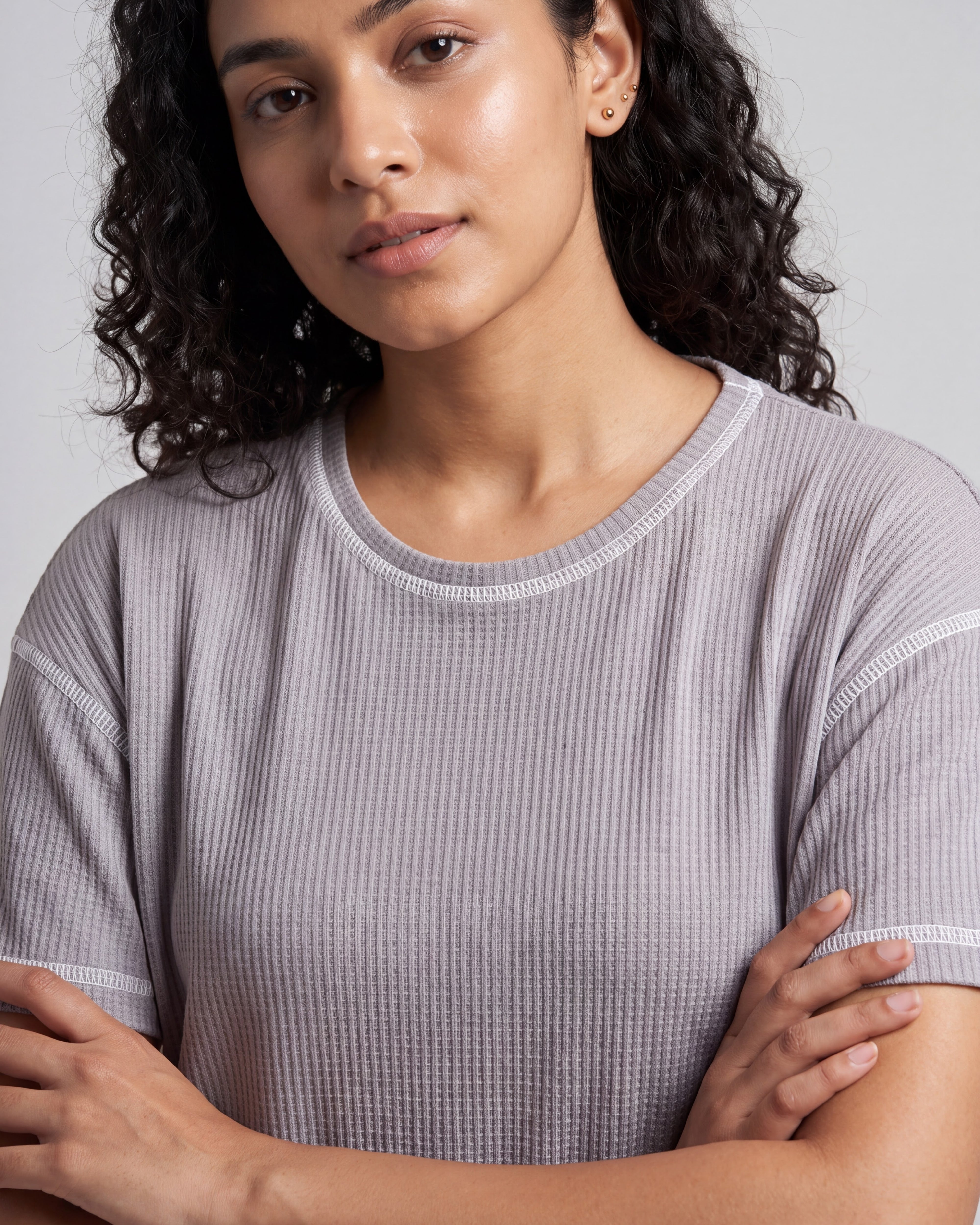 Grey Drop Shoulder Textured Loungewear Set