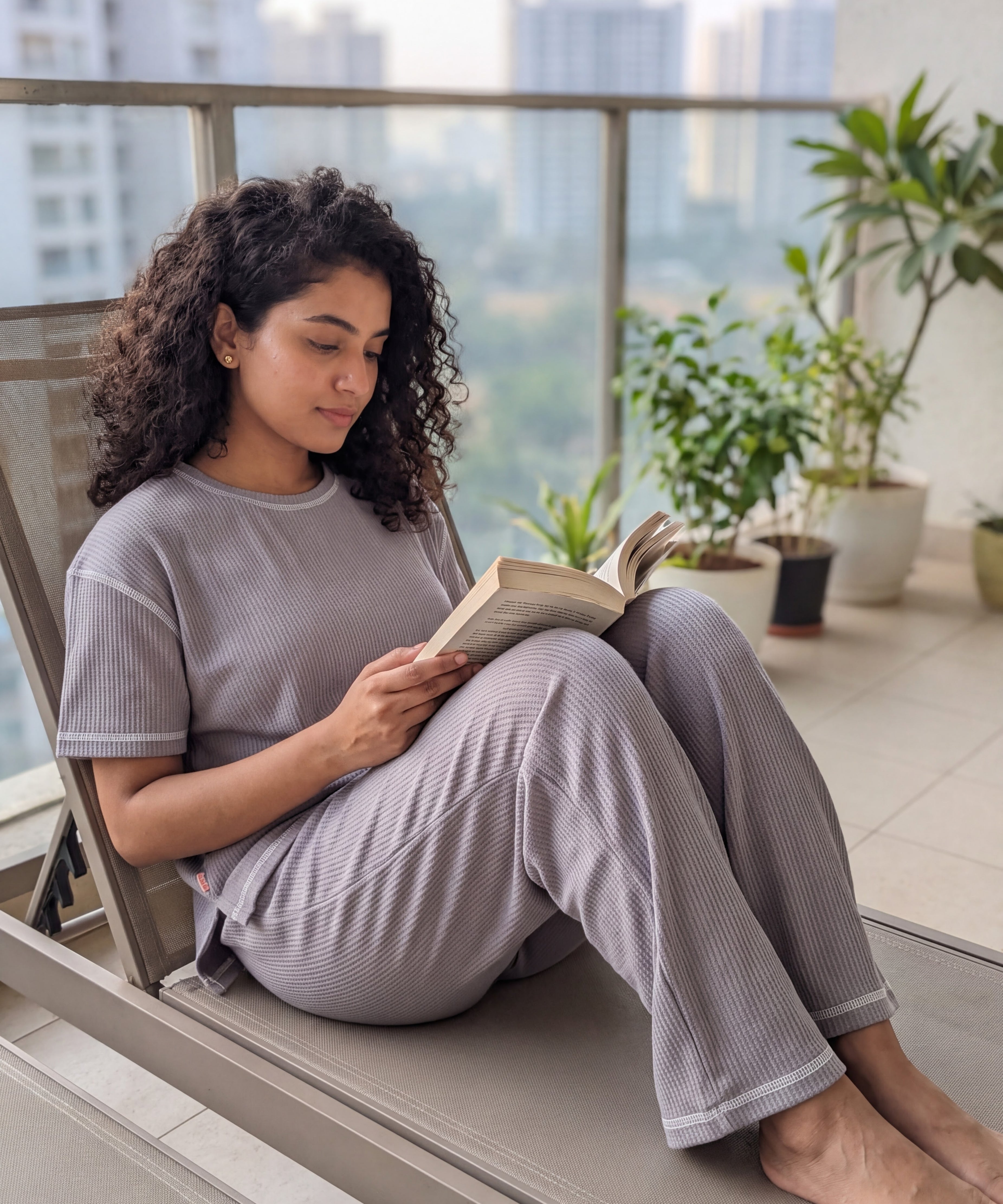 Grey Drop Shoulder Textured Loungewear Set