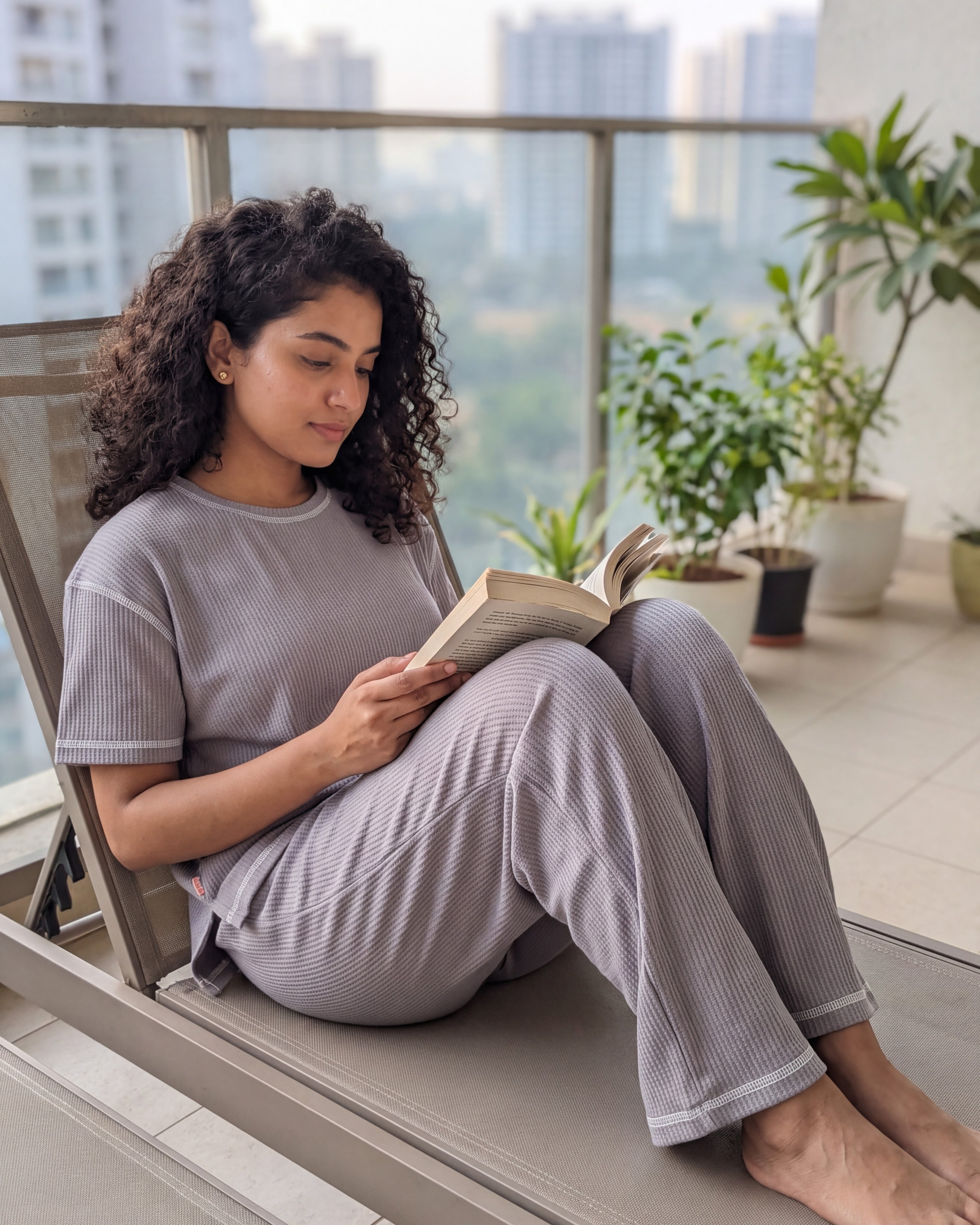 Grey Drop Shoulder Textured Loungewear Set