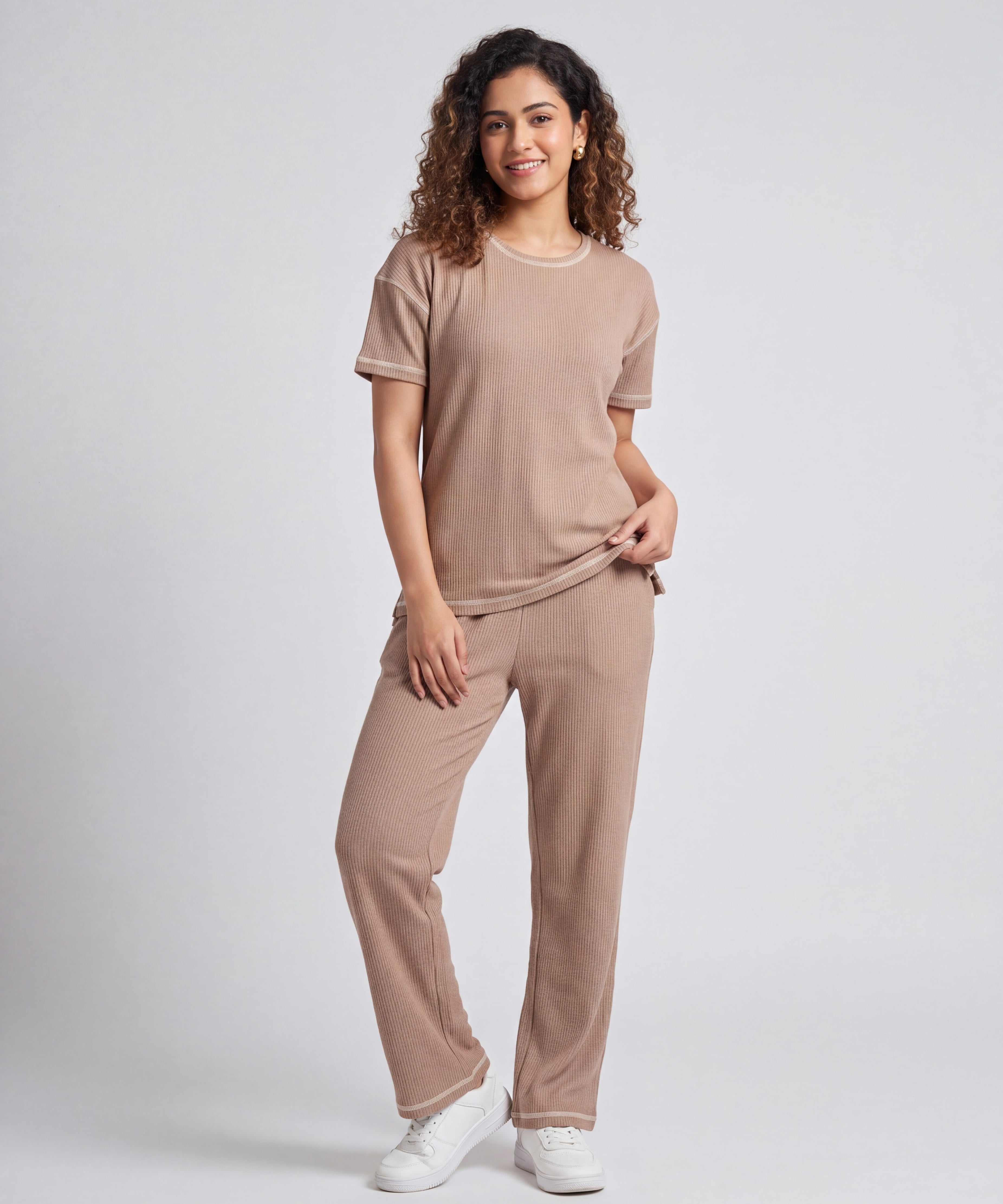 Mocha Beige Drop Shoulder Textured Loungewear Set