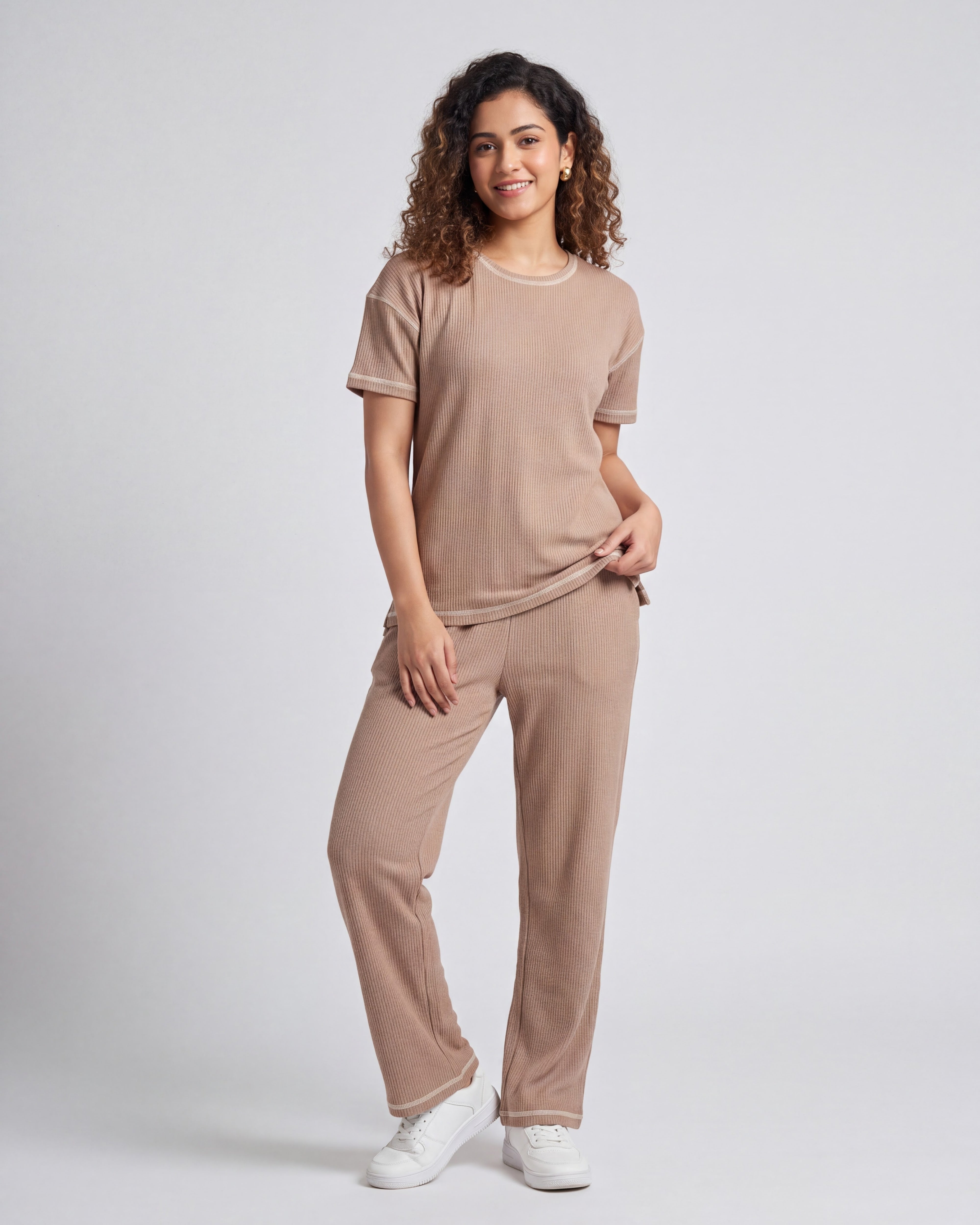 Mocha Beige Drop Shoulder Textured Loungewear Set