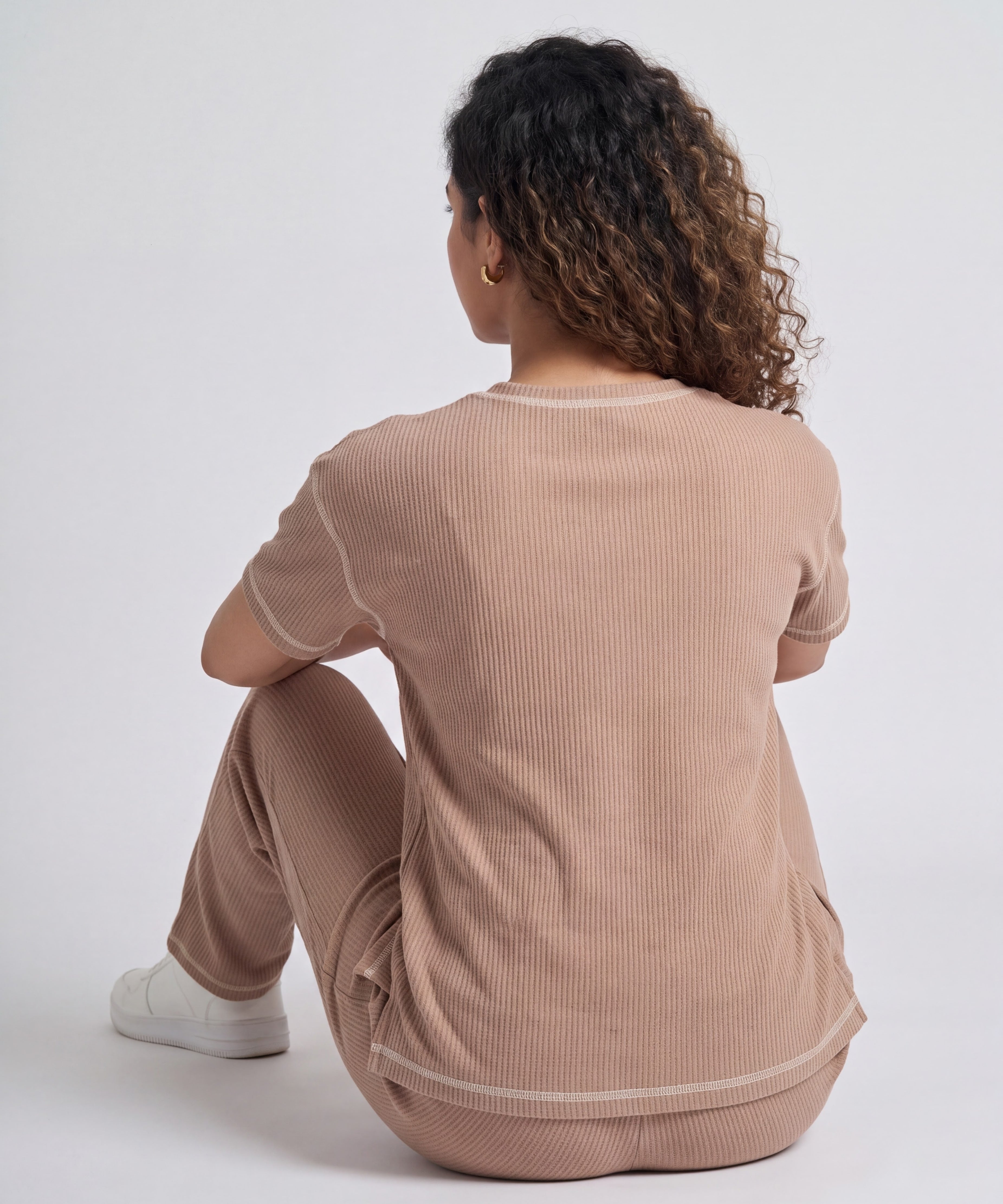 Mocha Beige Drop Shoulder Textured Loungewear Set