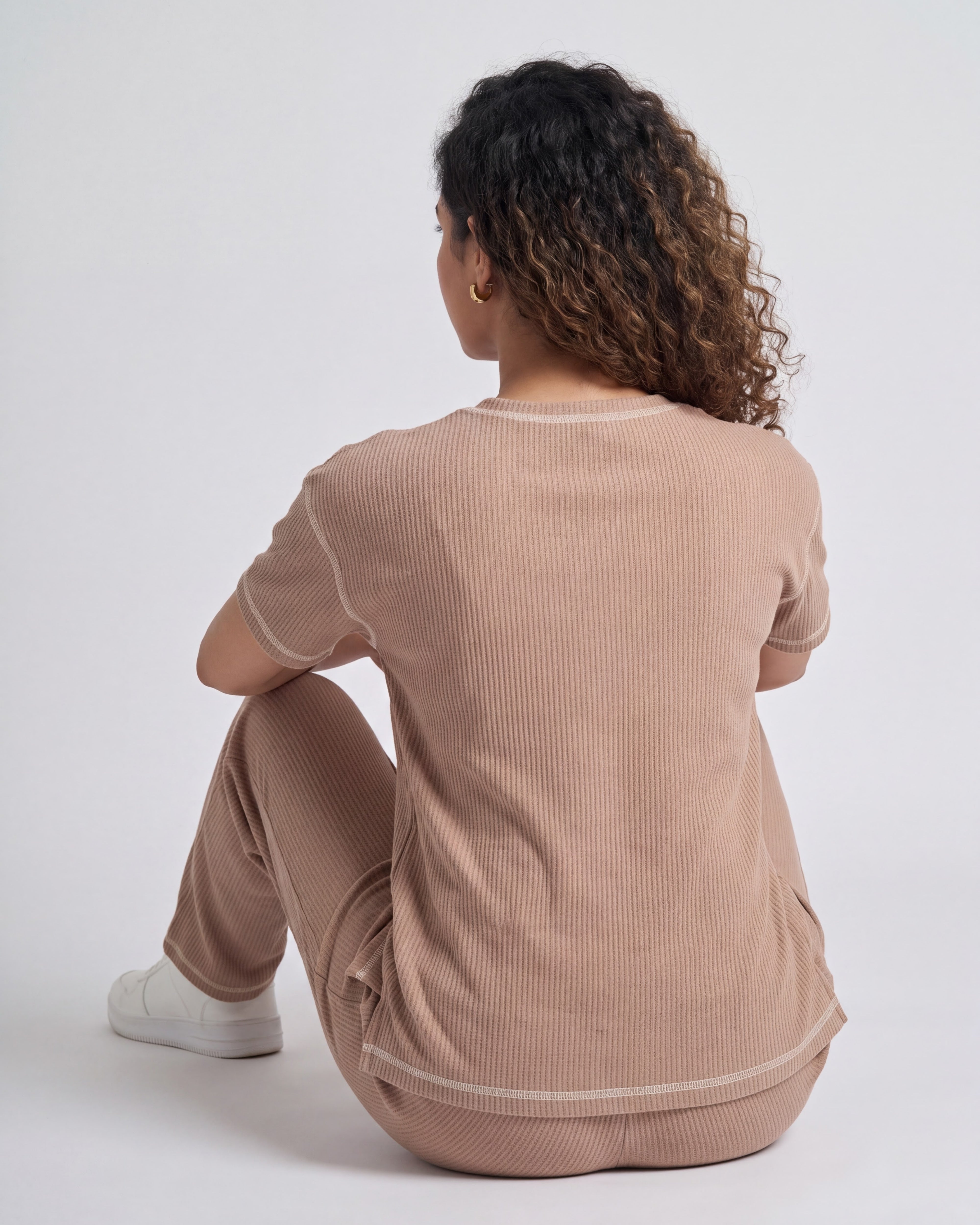 Mocha Beige Drop Shoulder Textured Loungewear Set