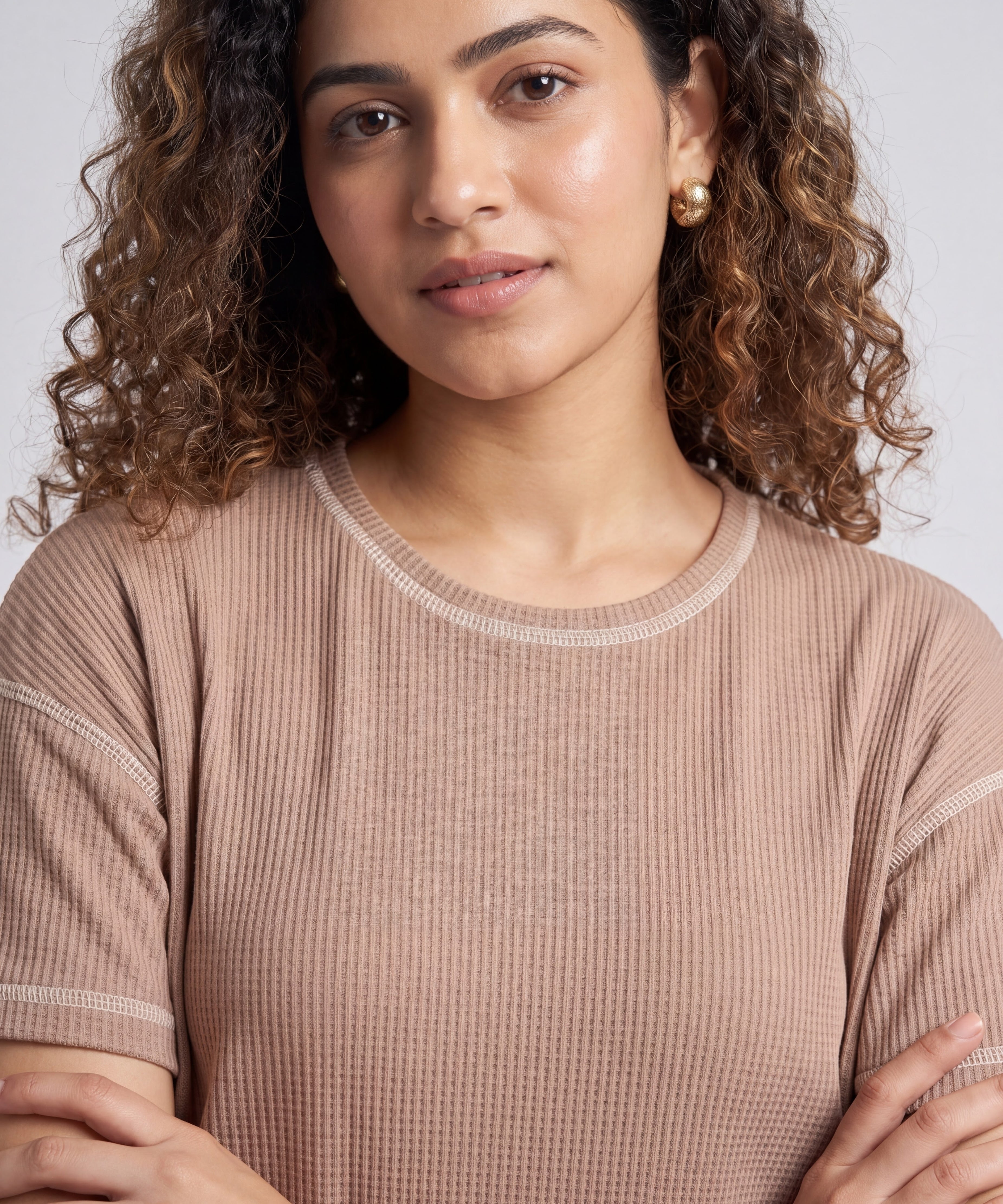 Mocha Beige Drop Shoulder Textured Loungewear Set
