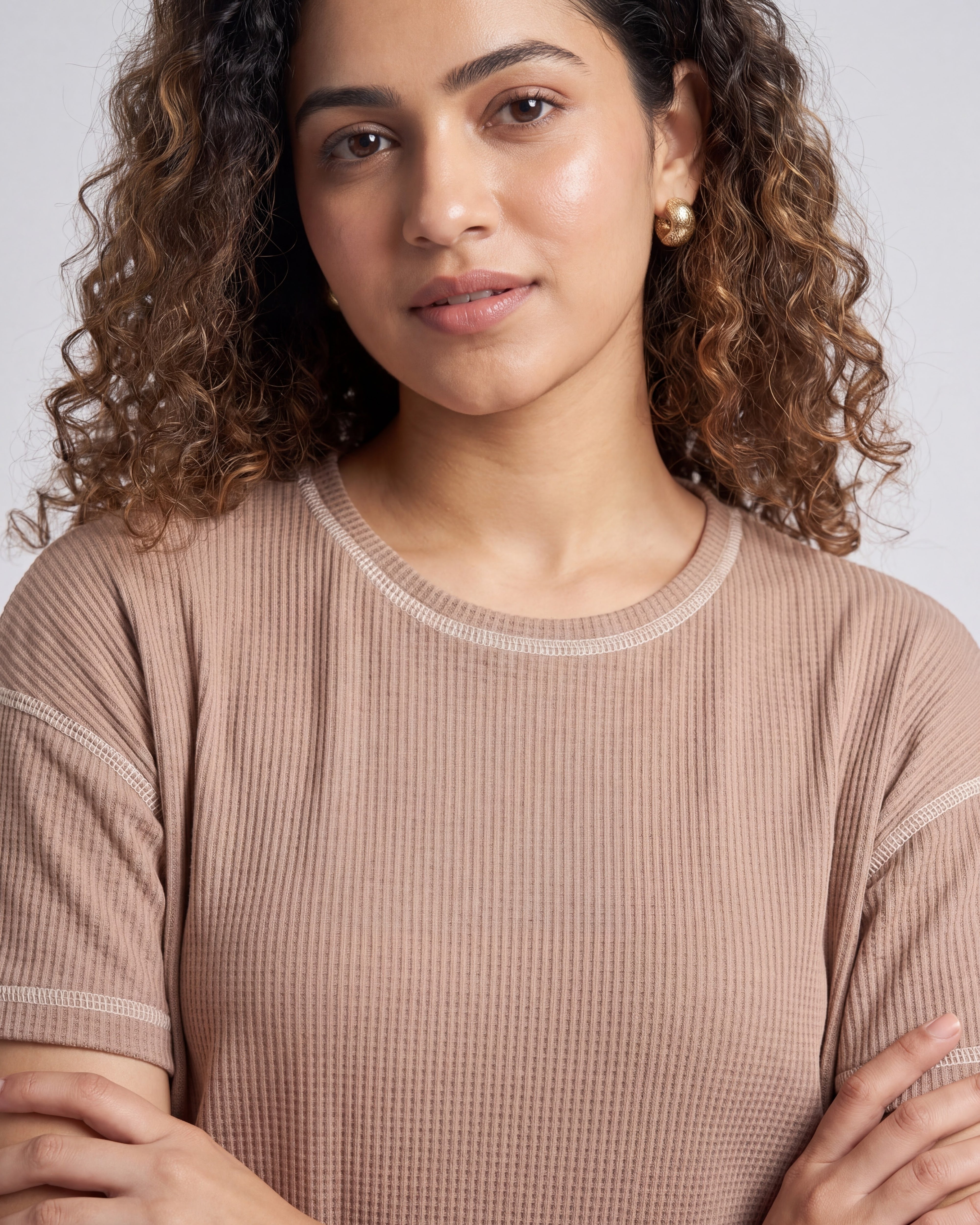 Mocha Beige Drop Shoulder Textured Loungewear Set