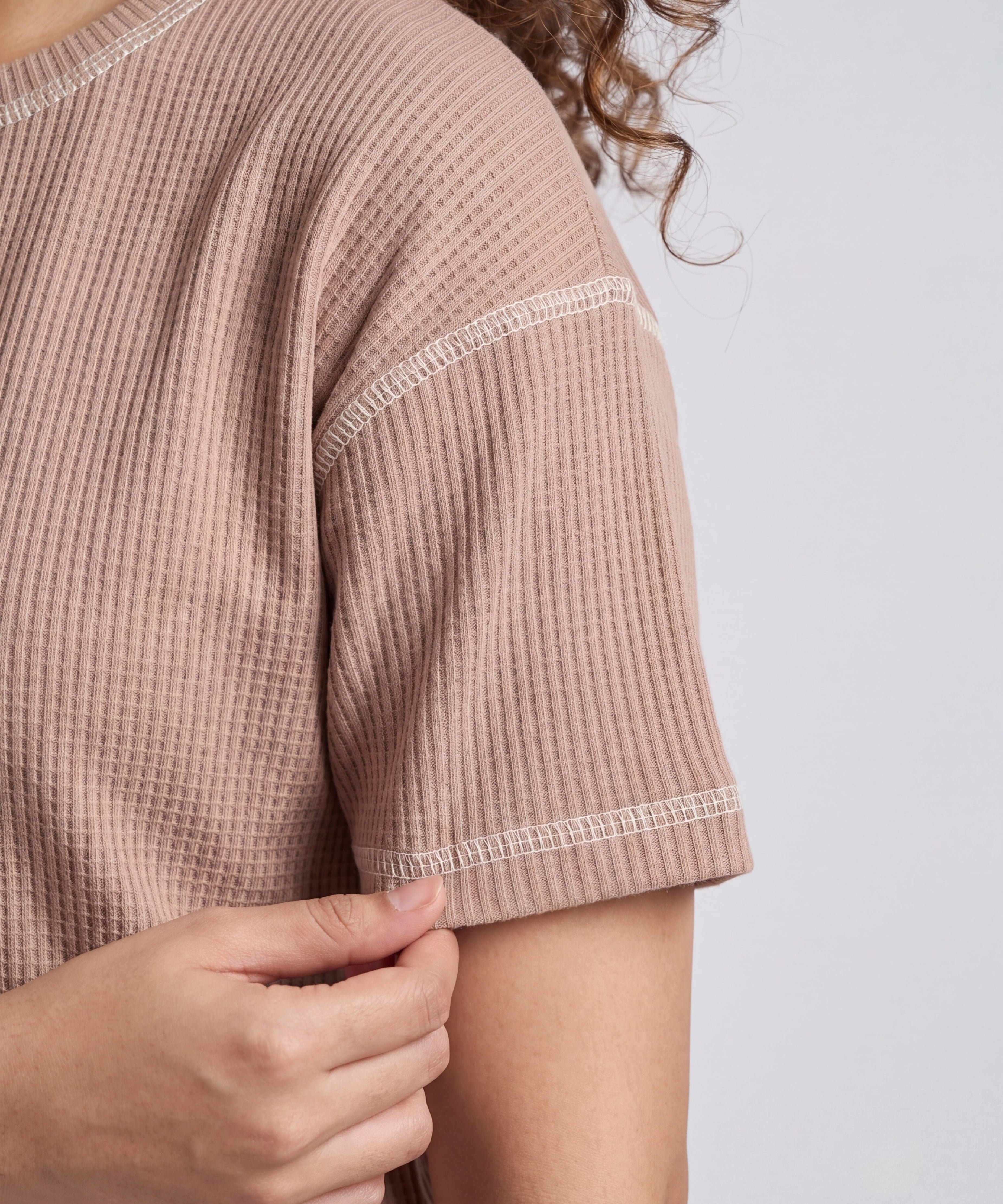 Mocha Beige Drop Shoulder Textured Loungewear Set