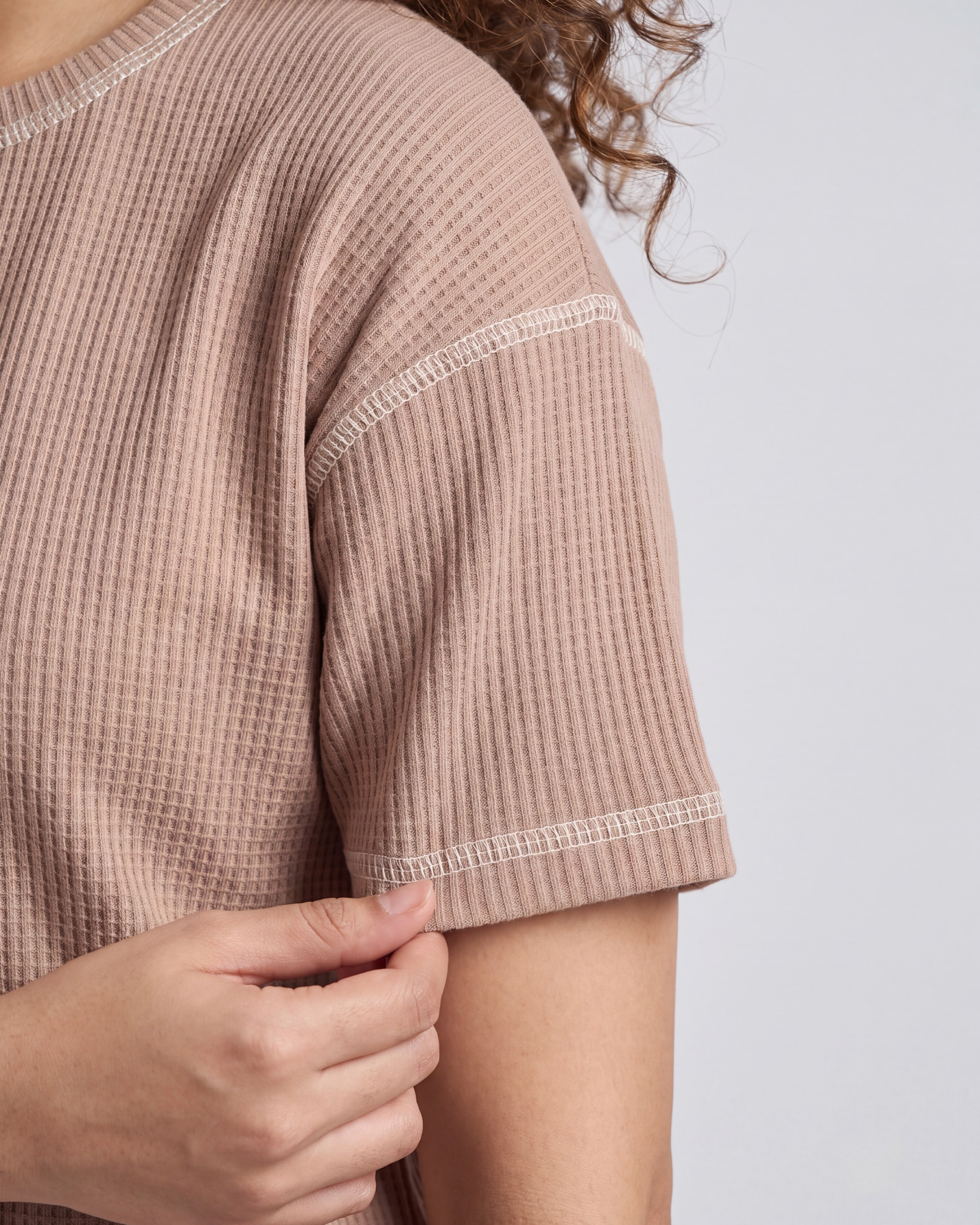 Mocha Beige Drop Shoulder Textured Loungewear Set