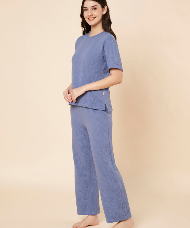 Women’s Blue Cotton Loungewear Set – Drop Shoulder Top & Full-Length Pants