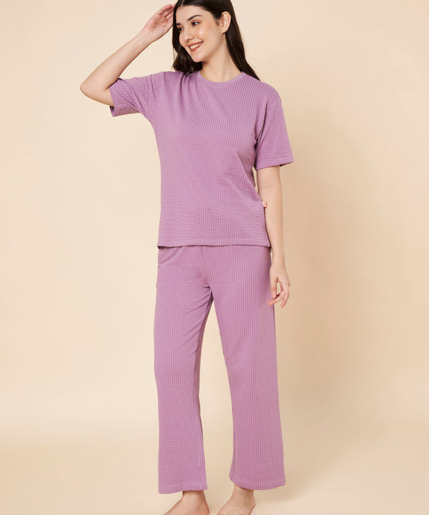 Women’s Lavender Ribbed Cotton Loungewear Set – Drop Shoulder Top & Full-Length Pants