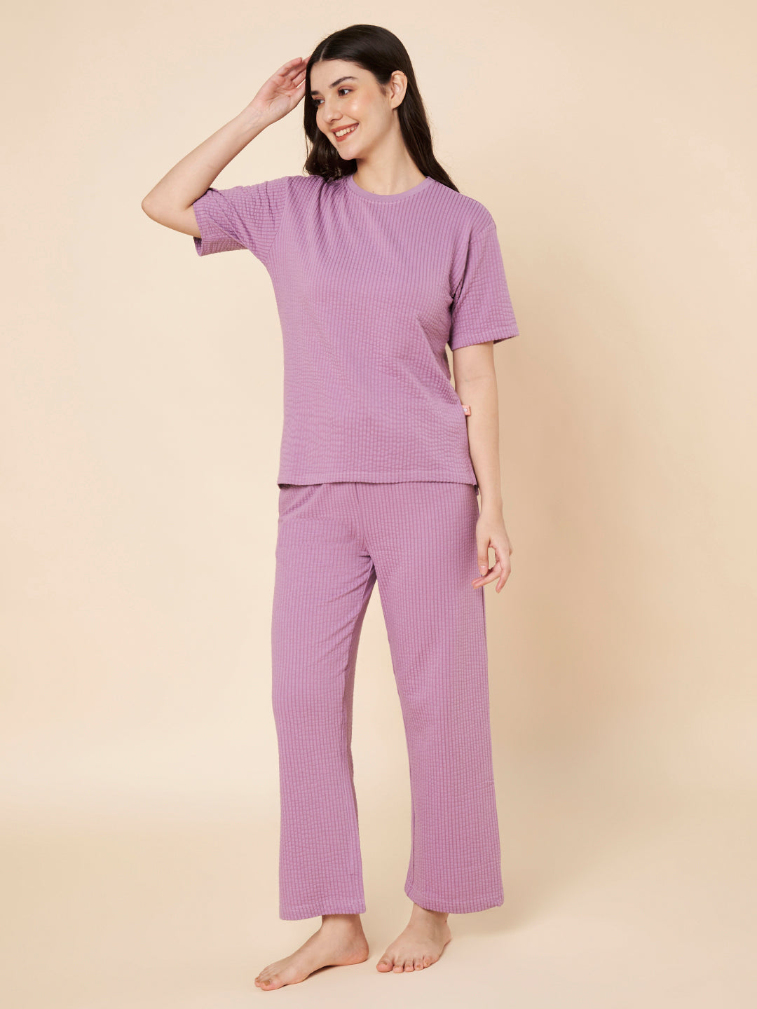 Women’s Lavender Ribbed Cotton Loungewear Set – Drop Shoulder Top & Full-Length Pants