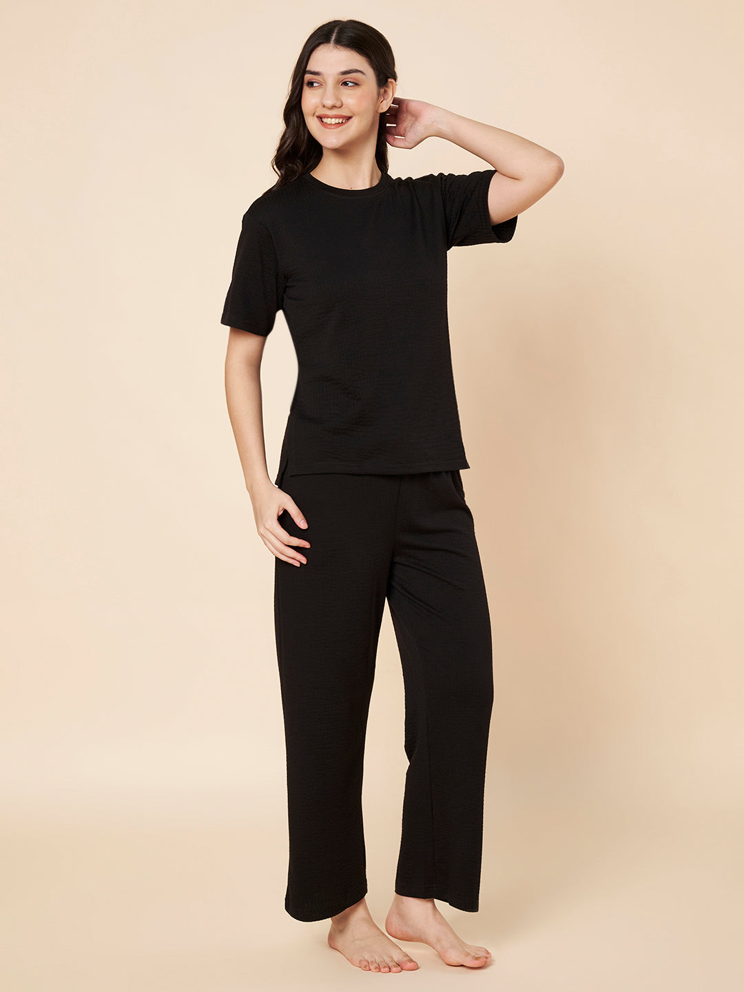 Women’s Black Cotton Loungewear Set – Drop Shoulder Top & Full-Length Pant